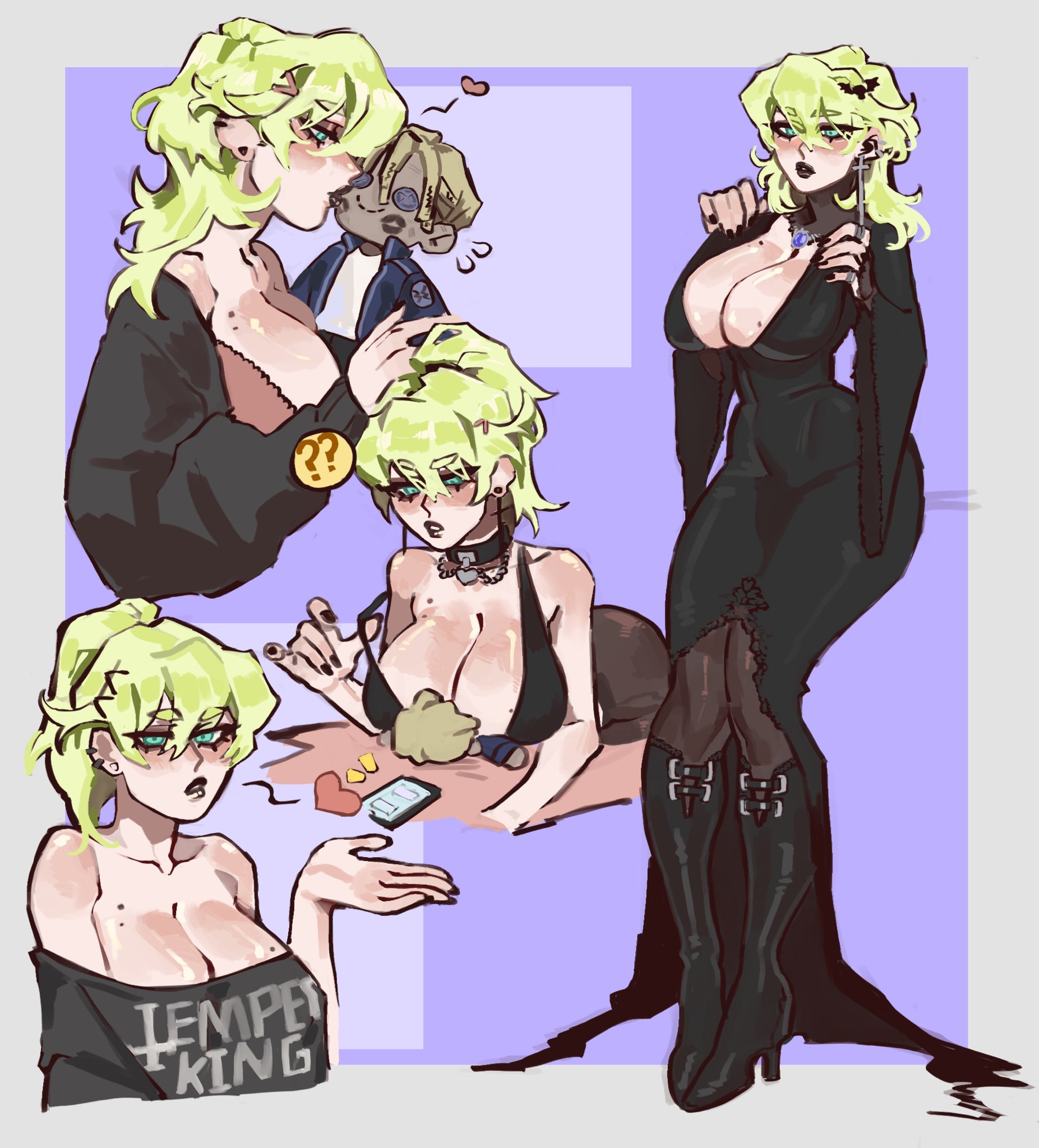 1girls, alternate costume, alternate hairstyle, ass, beauty mark, big ass, black lips, black lipstick, black nails, boots, bra, bra peek, breast press, breast smother, breasts, byleth (fire emblem), byleth (fire emblem) (female), character doll, cleavage, collar, dimitri alexandre blaiddyd, doll, dress, ear piercing, earrings, female, female only, fire emblem, fire emblem: three houses, goth, green eyes, green hair, heart, kiss mark, kissing, large breasts, lipstick, lipstick mark, long sleeves, medium hair, miasmamaiden, mole, mole on breast, nail polish, nintendo, off shoulder, on stomach, pantyhose, piercing, plushie, ponytail, shirt, short hair, solo, teasing, underwear, undressing, wide sleeves