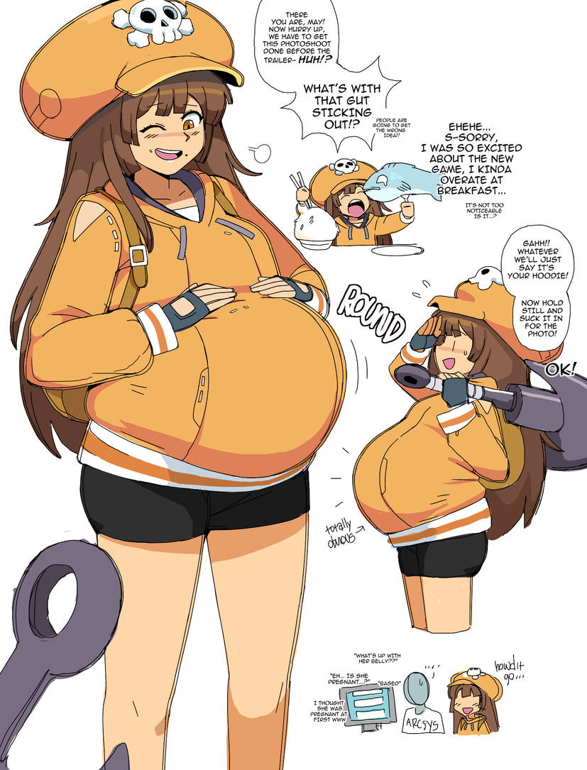 belly_bulge belly_expansion bloated bloated_belly bloated_stomach bloated_tummy brown_hair dr-worm fat guilty_gear lewdlemage long_hair may_(guilty_gear) pirate pirate_hat pregnant stuffed_belly