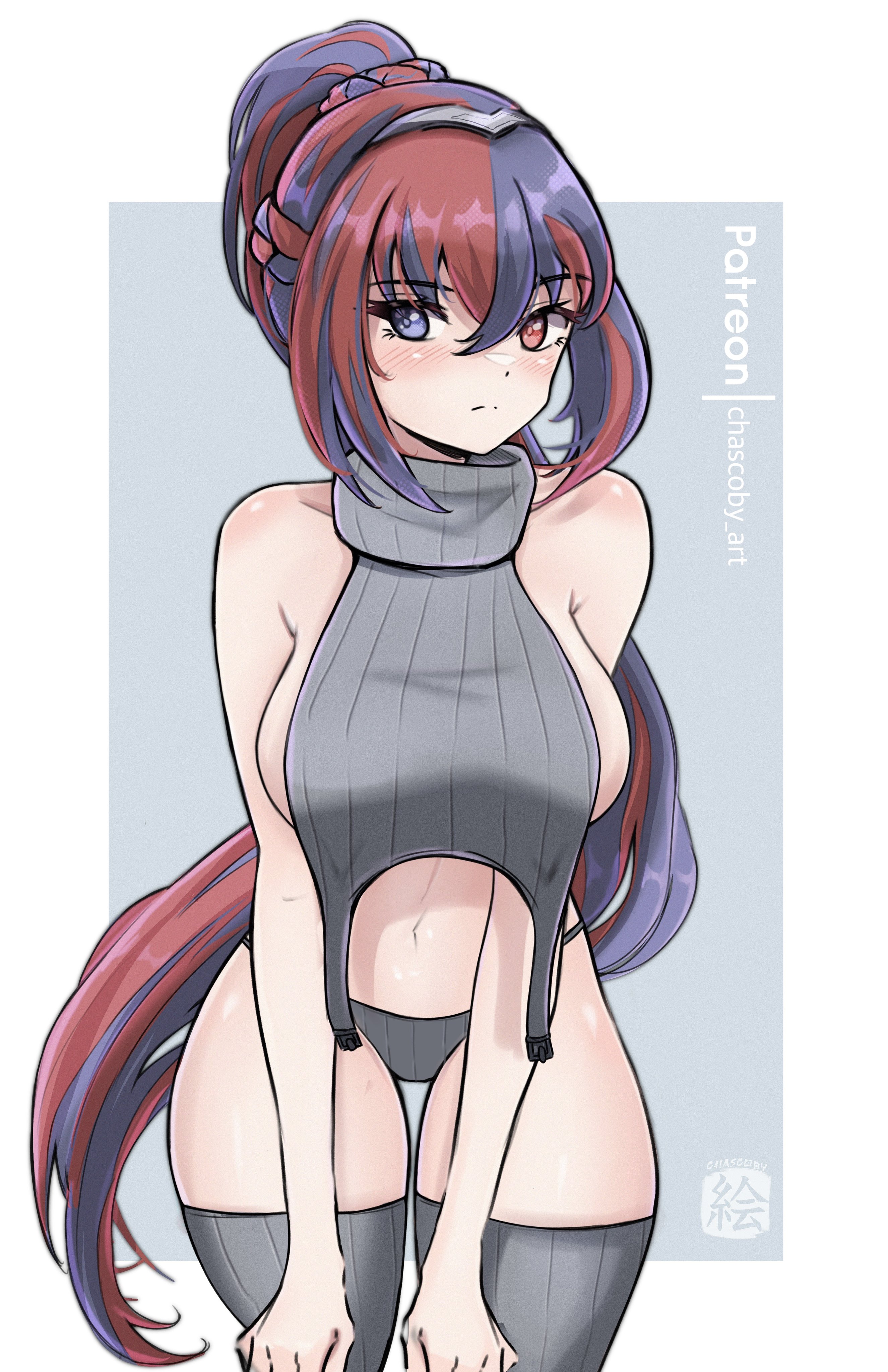 1girls, alear (fire emblem), alear (fire emblem) (female), alternate hairstyle, blue eyes, blue hair, braid, breasts, chascoby, female, female only, fire emblem, fire emblem engage, grey panties, heterochromia, large breasts, long hair, multicolored hair, nintendo, official alternate hairstyle, panties, ponytail, red eyes, red hair, sideboob, solo, thick thighs, thighs, underwear, very long hair, virgin destroyer sweater