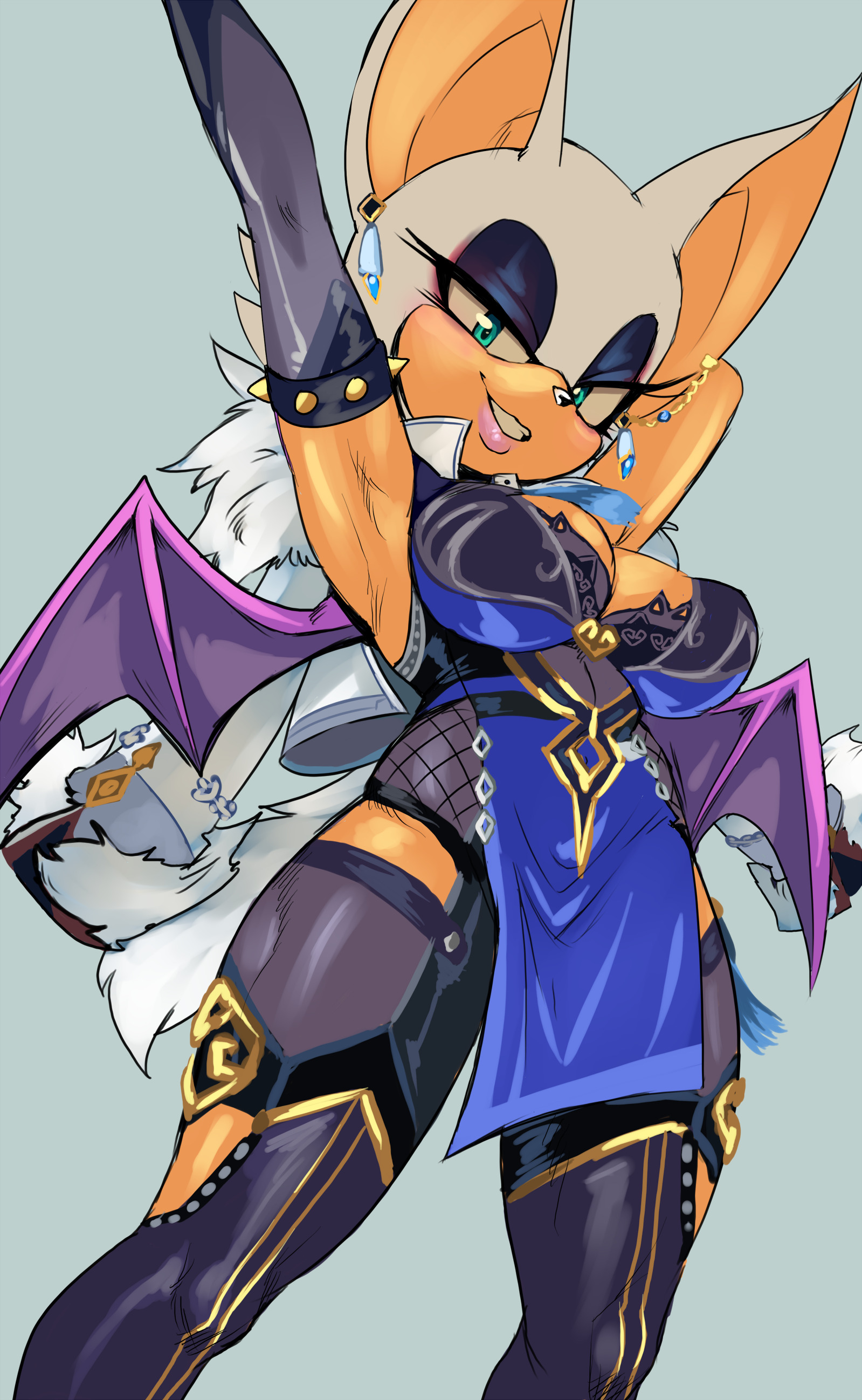 2023, armpits, arms up, armwear, bedroom eyes, cosplay, crossover, earrings, f-sonic (shadesoina), female, genshin impact, grey background, heavy makeup, legwear, makeup, purple wings, rouge the bat, solo female, sonic (series), stockings, wings, yelan (genshin impact), yelan (genshin impact) (cosplay)