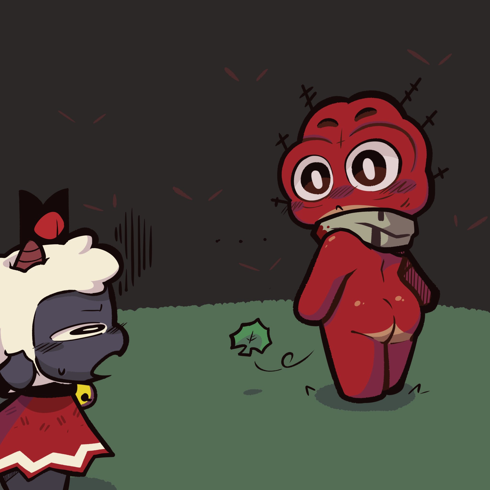 4 eyes, amphibian, astranger, bovid, cult of the lamb, frog, frog girl, heket (cult of the lamb), lamb (cult of the lamb), leaf, ovine, red body, red crown (cult of the lamb), shocked expression, tagme