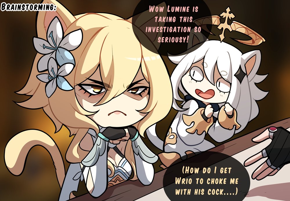 2girls, angry, angry expression, blonde hair, cat ears, cat girl, cat tail, catgirl, dialogue, english text, female, flower in hair, funny, genshin impact, kinkymation, lumine (genshin impact), paimon (genshin impact), speech bubble, tail, white hair, wriothesley (genshin impact), yellow eyes
