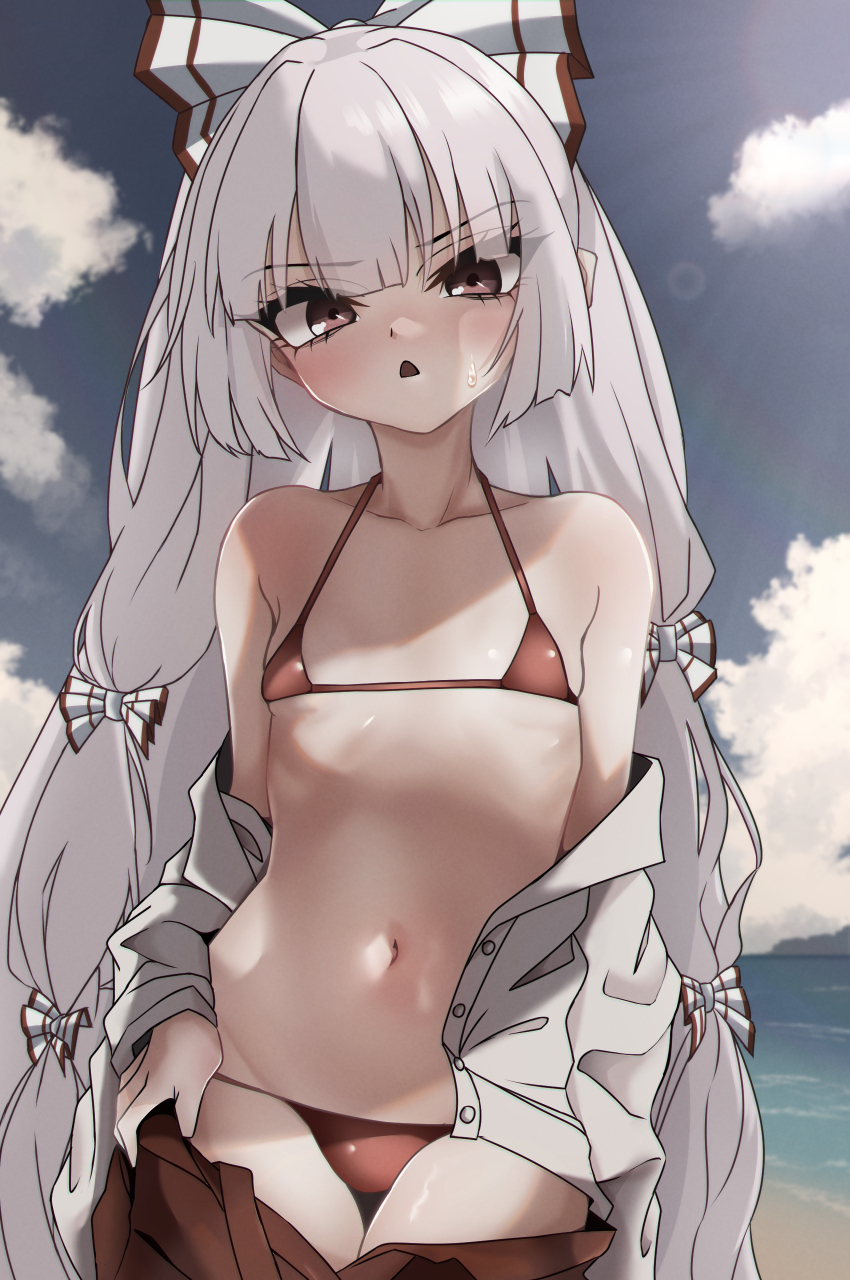 bikini blunt_bangs bow breasts cloud commentary cowboy_shot female fujiwara_no_mokou hairbow highres horizon long_hair looking_at_viewer micro_bikini navel ocean ohkey_now open_clothes open_mouth open_shirt outdoors red_bikini red_eyes shirt sky small_breasts solo swimsuit touhou very_long_hair white_hair white_shirt