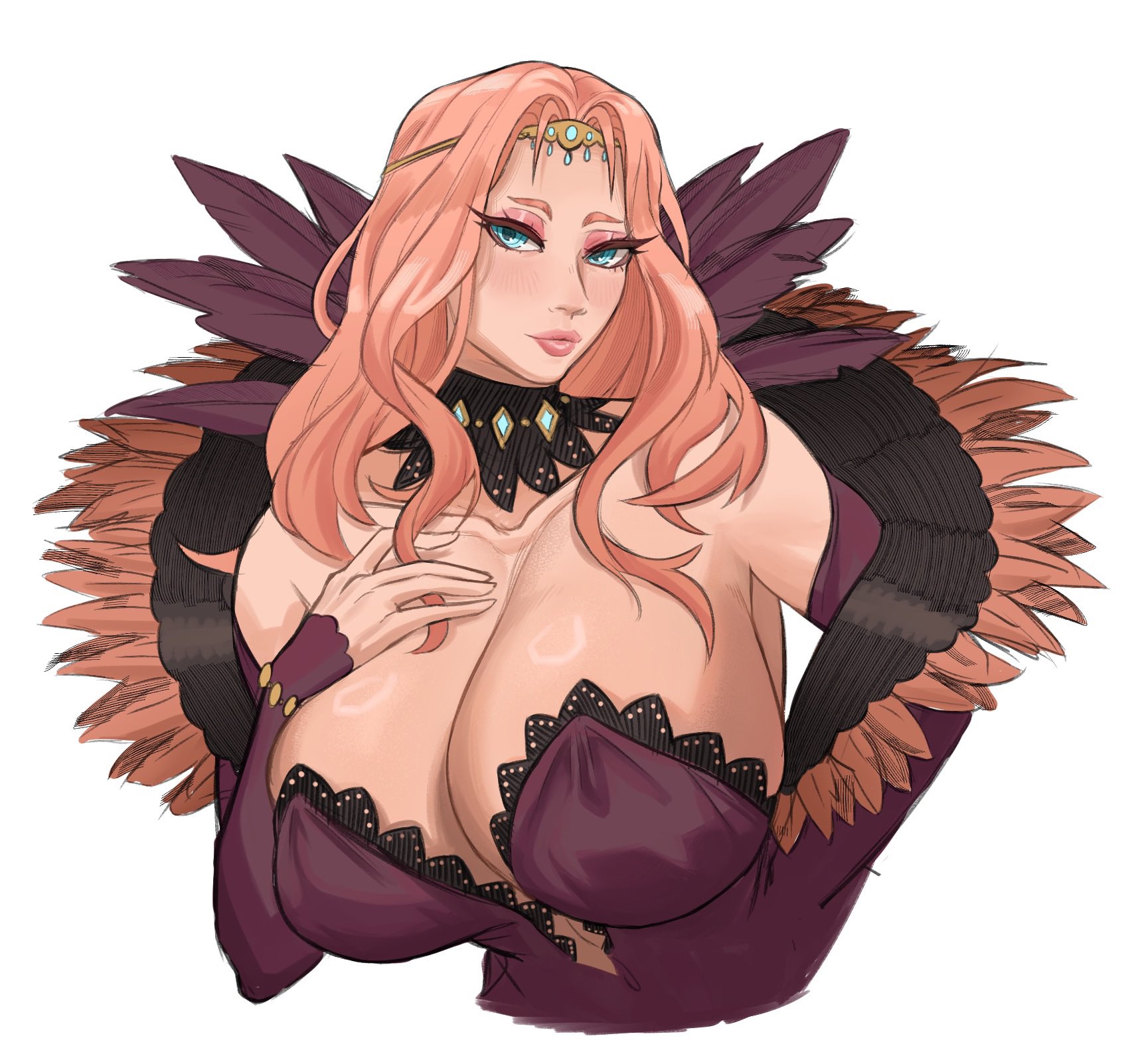 1girls, alternate breast size, aqua eyes, armpits, bare shoulders, big breasts, breasts, center opening, cleavage, collarbone, cornelia arnim, detached sleeves, dress, female, female only, fire emblem, fire emblem: three houses, huge breasts, large breasts, lips, long hair, long sleeves, looking at viewer, milkbar, nintendo, orange hair, shoulders, sideboob, solo, thick lips, upper body, white background