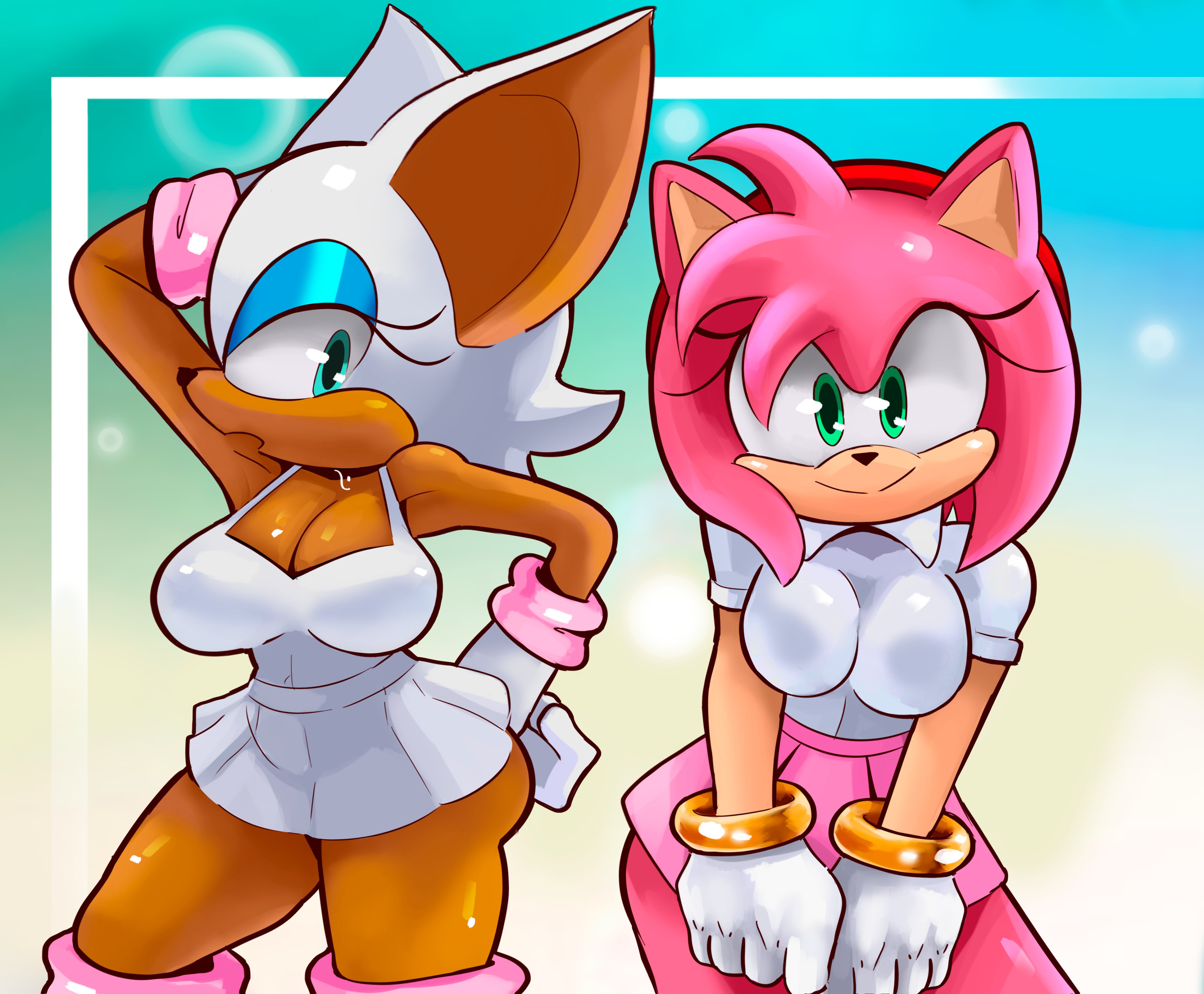 2girls, amy rose, female, furry, pepperoni ravioli, rouge the bat, sega, sonic (series), sweat, tennis uniform