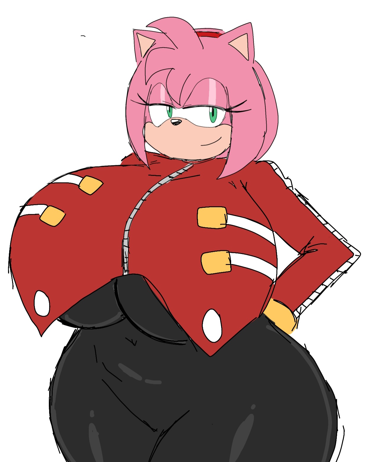 1girls, amy rose, ass, ass bigger than head, breasts, breasts bigger than head, clothed, cosplay, dr. eggman (cosplay), female, female only, front view, gigantic ass, gigantic breasts, green eyes, huge ass, huge breasts, huge hips, huge thighs, momiji (artist), pink fur, pink hair, seductive smile, sega, solo, sonic (series), sonic the hedgehog (series), standing, teasing, thick thighs, wide hips