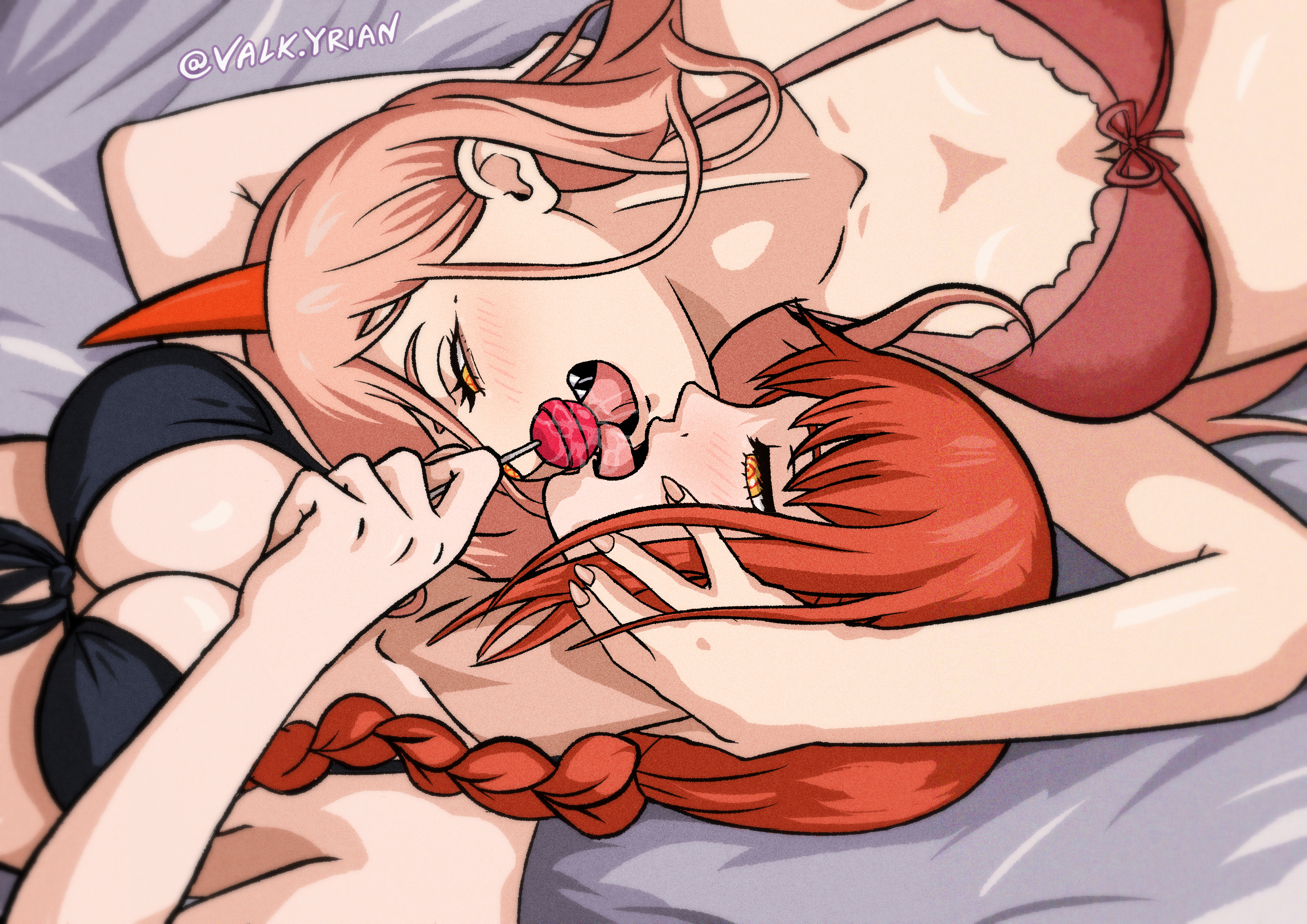big breasts, black bra, black underwear, bra, breasts, chainsaw man, demon, demon girl, female, female only, french kiss, horns, kiss, kissing, lesbian, lollipop, makima (chainsaw man), on bed, pink hair, power (chainsaw man), red bra, red hair, red underwear, saliva, tagme, tongue, tongue kiss, tongue out, underwear, valk yrian, yellow eyes, yuri