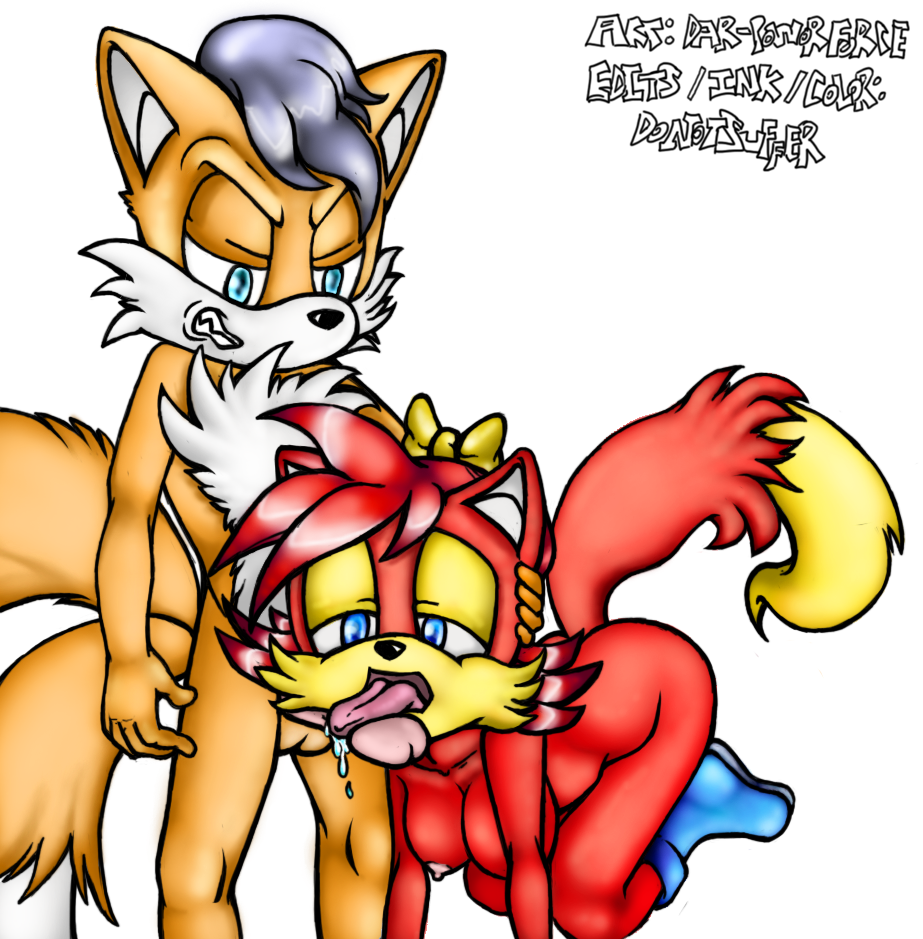 all_fours anthro breasts dar-powerforce donotsuffer female fiona_fox fox furry licking licking_penis male miles_(anti-tails) penis sonic_(series) standing straight tagme toony