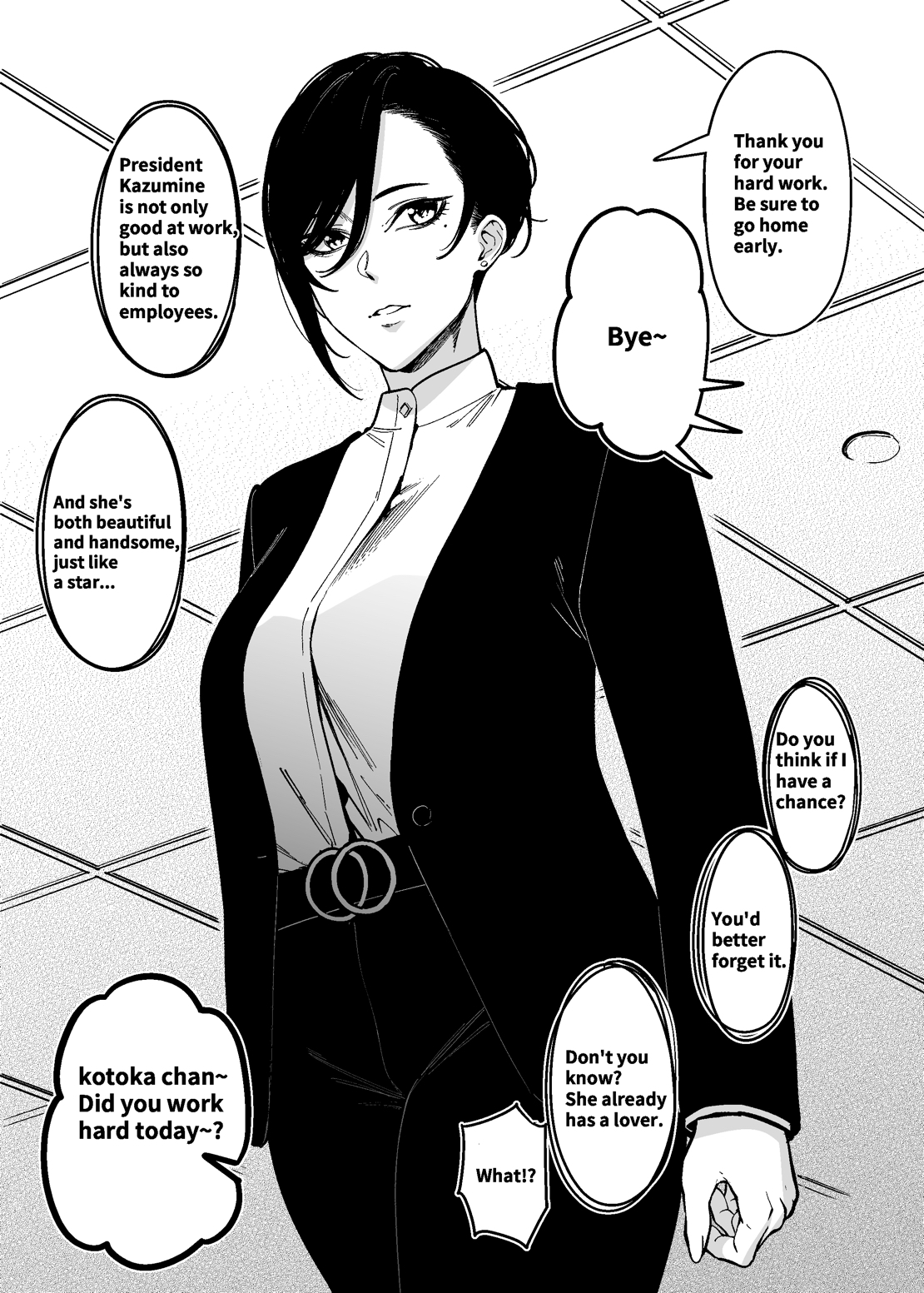 1girls, big breasts, black and white, breasts, busty, curvaceous, curvy, curvy body, curvy female, curvy figure, fan (f.w.zholic), female, huge breasts, kazumine kotoka, large breasts, mole, mole under eye, office lady, original, original character, short hair, tomboy, voluptuous