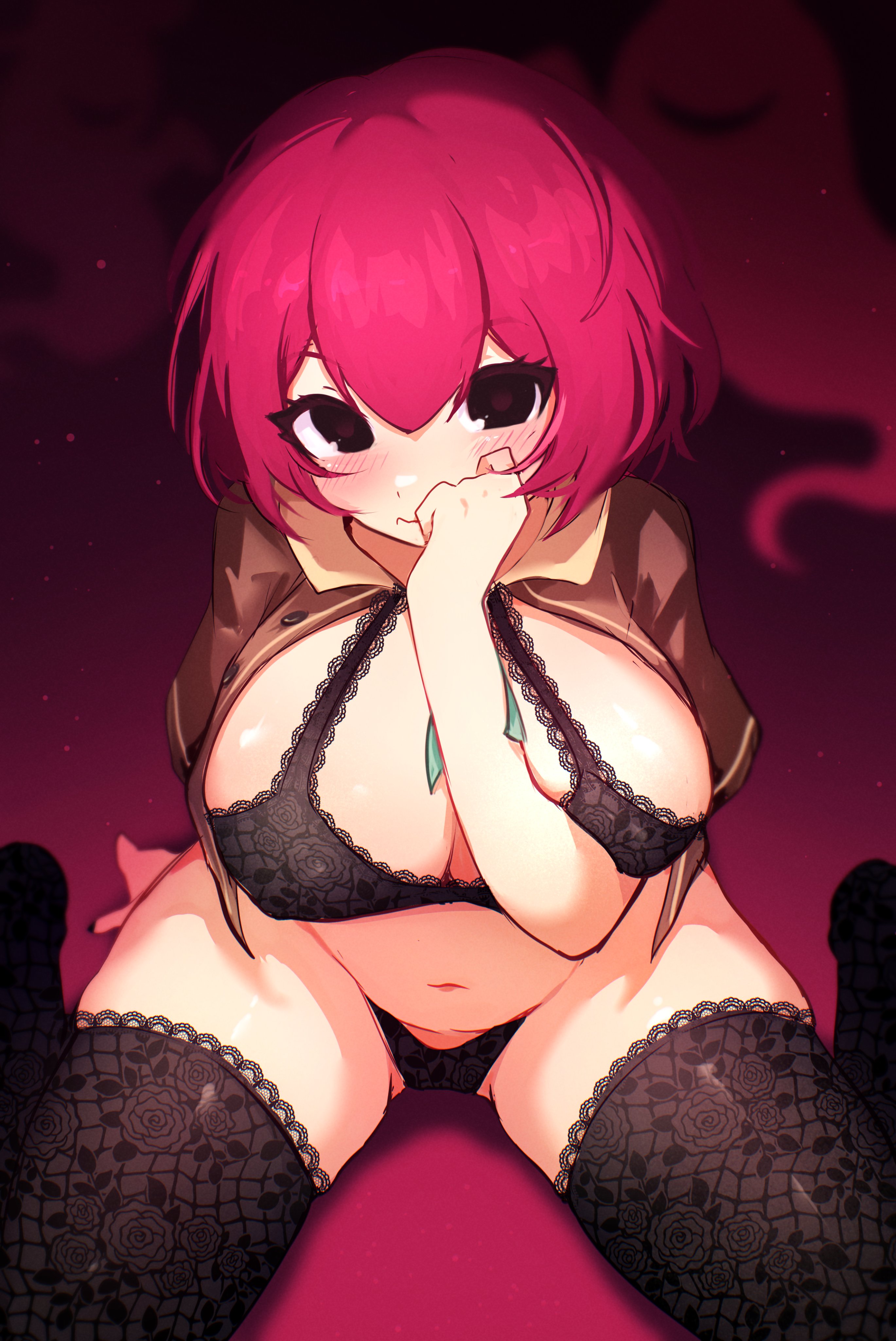 1girls, 2025, belly, belly button, big breasts, black eyes, blairevt, blush, bra, breast lift, breasts, chubby, chubby female, closed mouth, coat, coat open, female, female only, from above, ghost, hand on face, iris archwell, lace, lace trim, large breasts, light skin, light-skinned female, lingerie, looking at viewer, mii, monster manor, nervous, nintendo, on floor, open coat, panties, pink hair, short hair, shy, sitting, solo, solo female, solo focus, stomach, streetpass mii plaza, thick, thick thighs, thighhighs, thighs, tummy, wavy mouth