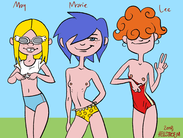 2008 3girls bikini_bottom blonde_hair blue_bikini_bottom blue_eyes blue_hair breasts clothing ed_edd_n_eddy exposed_breasts female hellstroem human kanker_sisters lee_kanker long_hair marie_kanker may_kanker multiple_girls polka_dot_bikini red_swimsuit shirt shirt_lift short_hair small_breasts smile straight_hair swimsuit swimsuit_down swimsuit_pull topless undressing