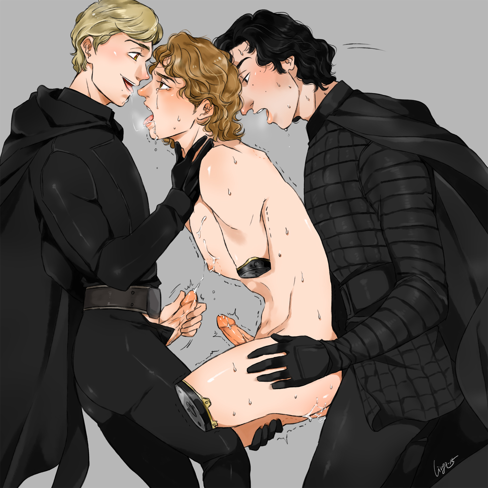 3boys, amputee, anakin skywalker, anal, ass, cum, cum in ass, cum inside, erection, father and son, gay, grandfather and grandson, grey background, human, human only, incest, kylo ren, luke skywalker, male, male only, nugget, orgy, panting, penetration, star wars, threesome, time paradox, trio, yaoi