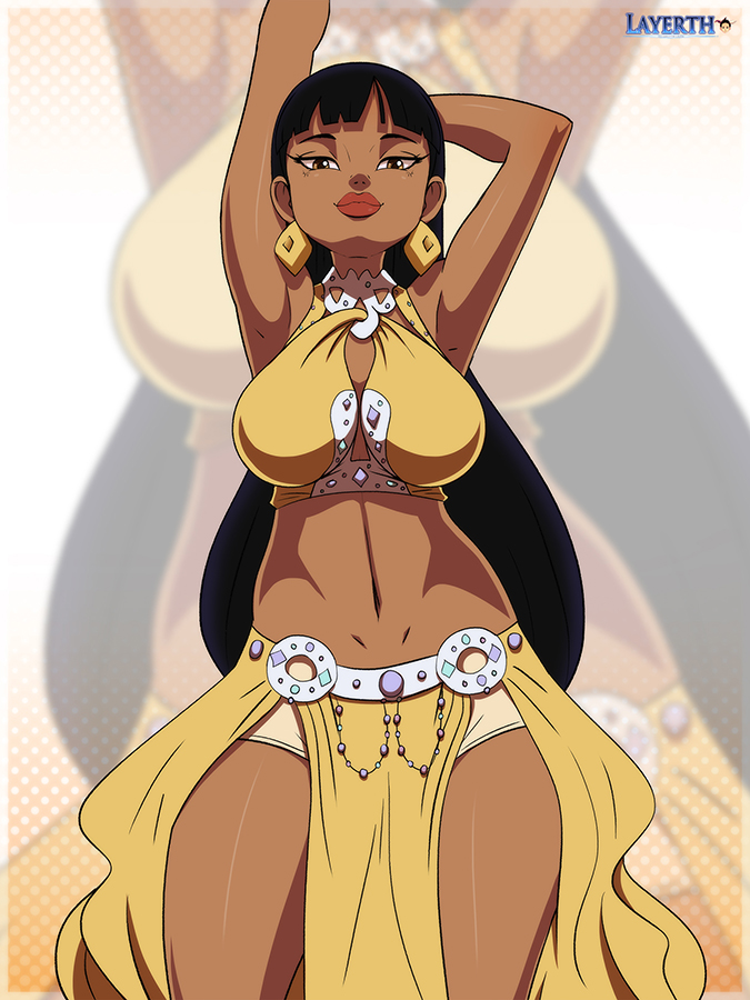 1girl armpits bangs black_hair chel chel_(the_road_to_el_dorado) earrings eyelashes green_eyes hips large_breasts layerth lips long_hair looking_at_viewer midriff the_road_to_el_dorado thighs