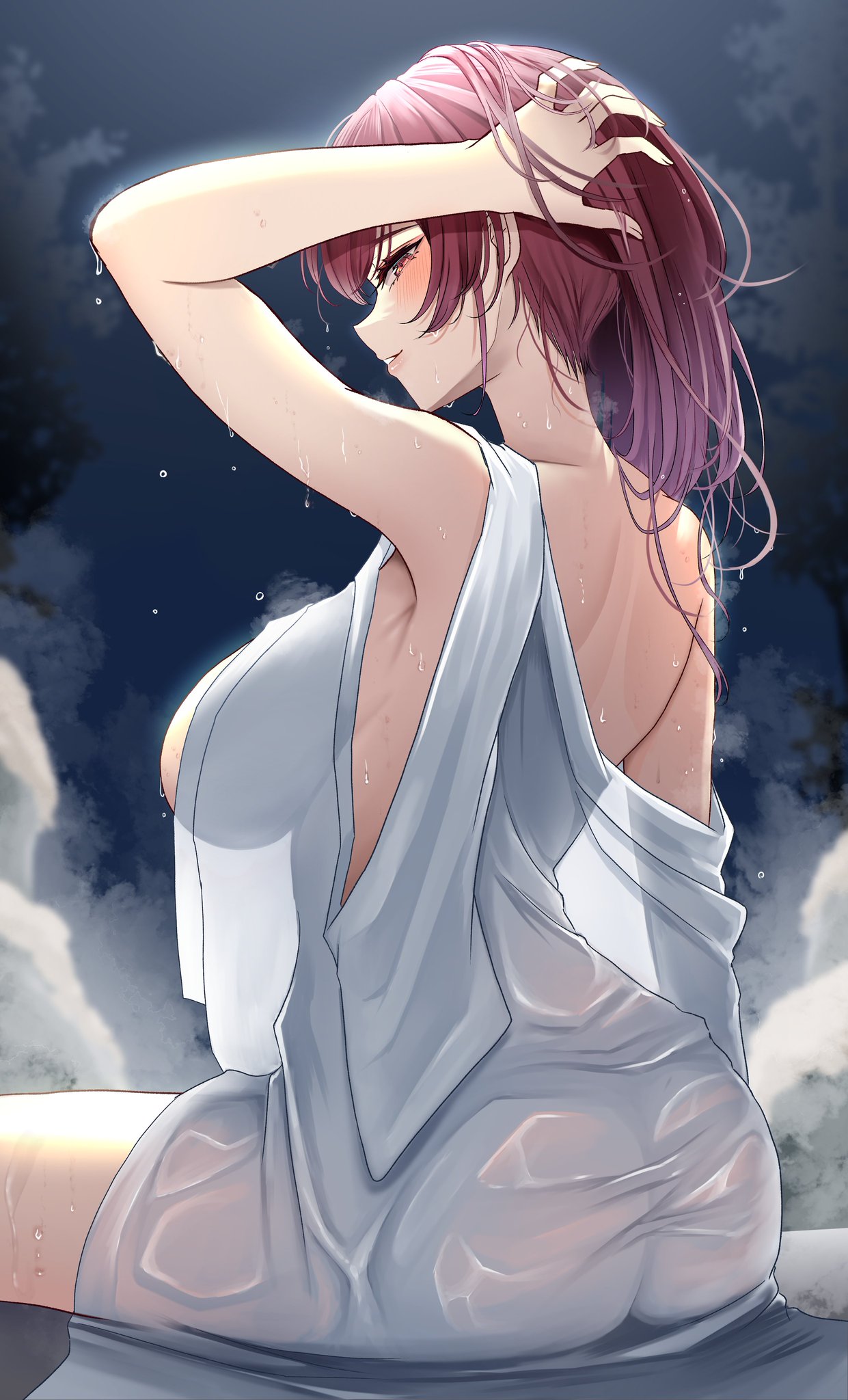 1girls, ass, back view, blush, breasts, female, from behind, hair between eyes, hinoki kahun0, hololive, hololive fantasy, hololive japan, houshou marine, large breasts, long hair, looking back, red eyes, red hair, see-through, sideboob, solo, virtual youtuber, wet