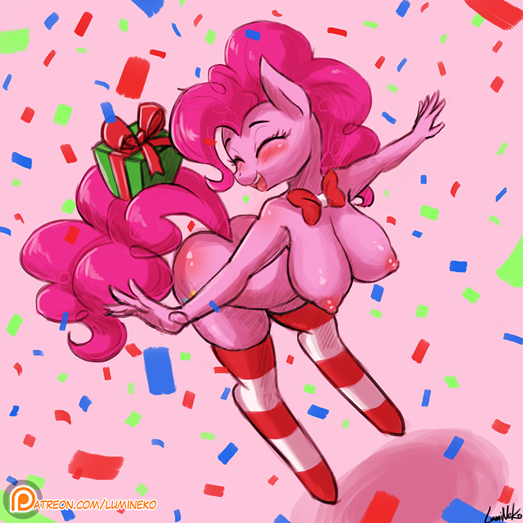 anthro areola breasts closed_eyes clothing earth_pony equid equine eyes_closed female female_only friendship_is_magic gift hair happy hasbro horse legwear long_hair lumineko mammal my_little_pony nipples pink_areola pink_body pink_hair pink_nipples pink_skin pink_tail pinkie_pie_(mlp) pony smile solo stockings tail