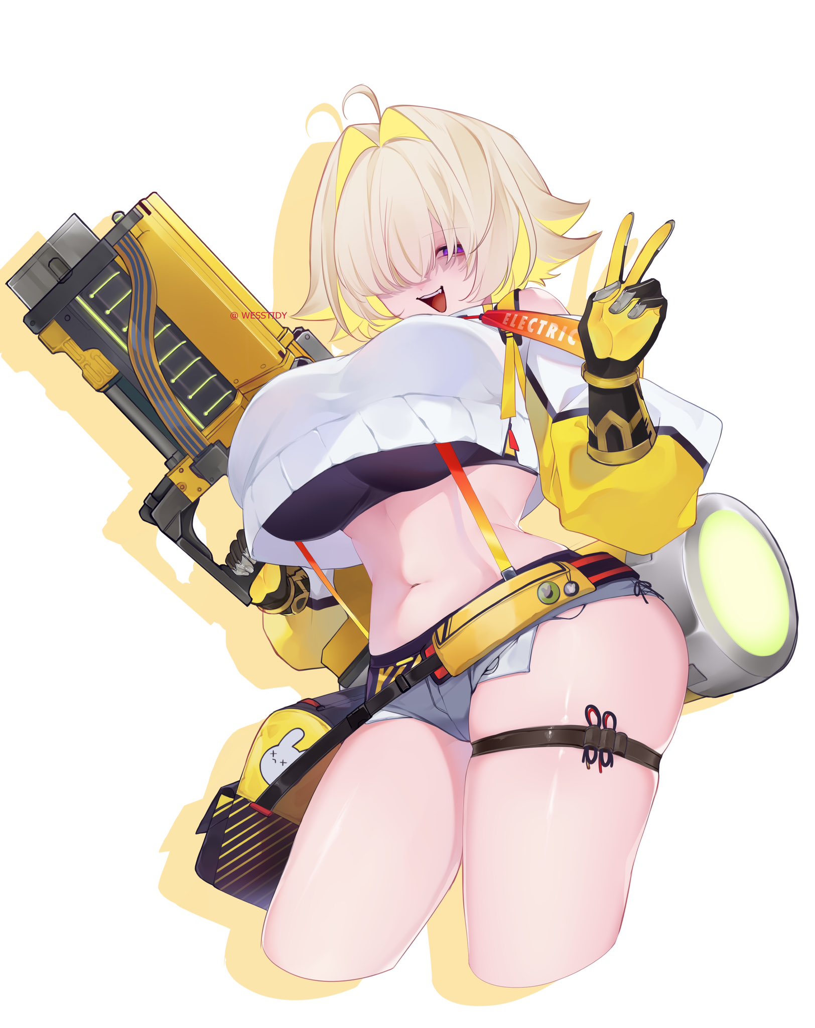 1girls, bfg (doom), big breasts, black top, blonde hair, booty shorts, breasts, denim shorts, elegg (nikke), female, female only, gloves, goddess of victory: nikke, hair over one eye, large breasts, light skin, light-skinned female, midriff, navel, pale skin, pale-skinned female, peace sign, purple eyes, short shorts, shorts, shoulder length hair, suspenders, thick thighs, thigh strap, two-tone hair, underboob, v, v sign, white jacket, yellow gloves