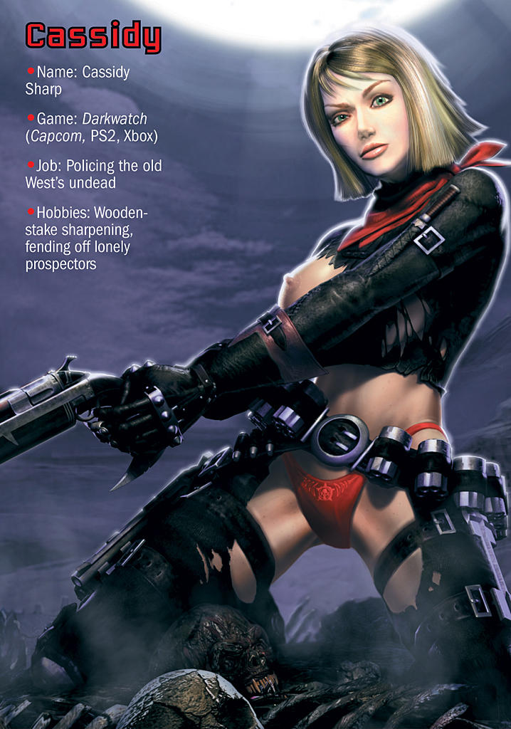 areolae belt big_breasts blonde_hair bodysuit breasts breasts_out cassidy_sharp chaps darkwatch female female_only firearm gloves green_eyes gun handgun human kneeling nipples pale_skin panties pose revolver scarf short_hair solo tagme thigh_holster torn_bodysuit weapon