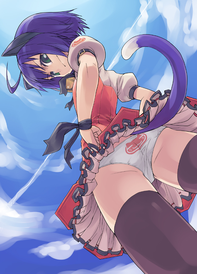 animal_ears bell bell_collar black_legwear black_thighhighs blue_hair cat_ears cat_tail clothing collar dress from_below green_eyes koma_(artist) kyouka_midarezaki kyouran_kazoku_nikki midarezaki_kyouka panties pantyshot petticoat print_panties red_dress short_hair sky stockings tail thighhighs underwear upskirt white_panties