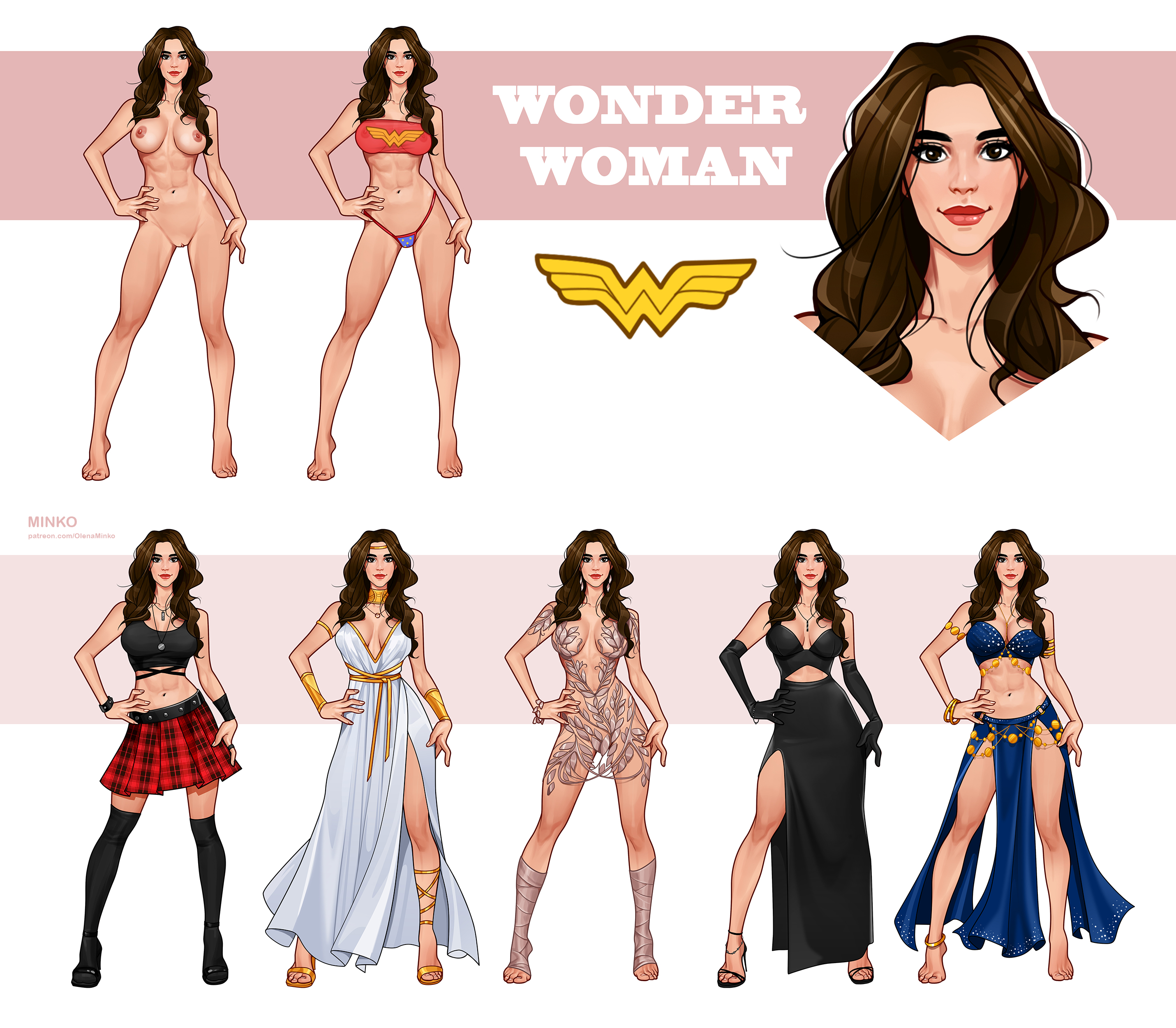 1girls, abs, belly dancer, belly dancer outfit, breasts, brown eyes, brown hair, cleavage, dc, dc comics, diana prince, female, female only, fit, fit female, gold heels, happy, happy female, harem girl, harem outfit, high heel boots, high heels, human, human only, large breasts, light skin, light-skinned female, long gloves, looking at viewer, minko, multiple views, necklace, nude, nude female, open toe shoes, paheal, plaid skirt, revealing clothes, see-through clothing, skirt, solo, tubetop, underwear, wonder woman, wonder woman (series)