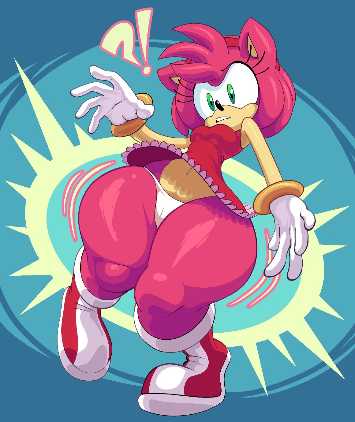 ?!, 1girls, amy rose, anthro, ass, bottom heavy, breasts, cameltoe, daredemon7000, female, female only, footwear, green eyes, handwear, panties, pink body, pussy, shoes, solo, sonic (series), standing, surprised, thick ass, thick legs, thick thighs, thighs, thunder thighs, voluptuous, wristwear