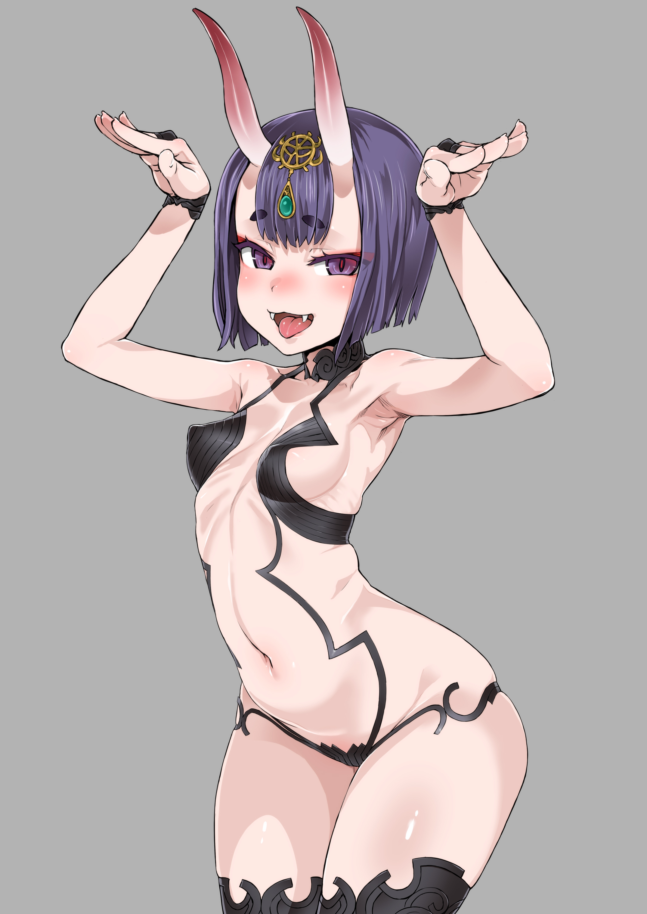 1girls, armpits, asanagi, breasts, covered nipples, fangs, fate (series), fate/grand order, female, female only, horns, purple eyes, purple hair, short hair, shuten douji (fate), simple background, small breasts, solo, tagme, tongue, young