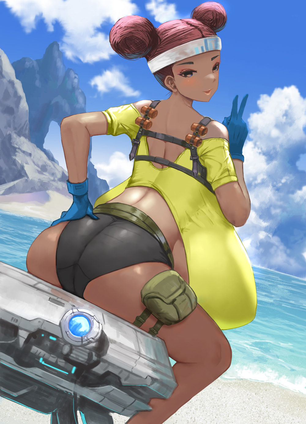 apex_legends breasts dark-skinned_female dark_skin female gigantic_breasts hair_bun hair_buns huge_breasts lifeline_(apex_legends) looking_back masamasa red_hair tagme