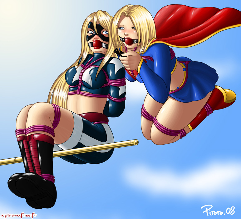 2girls ball_gag bondage courtney_whitmore dc dc_comics gag gagged kara_zor-el multiple_girls piroro rope_bondage stargirl supergirl superheroine superman_(series)