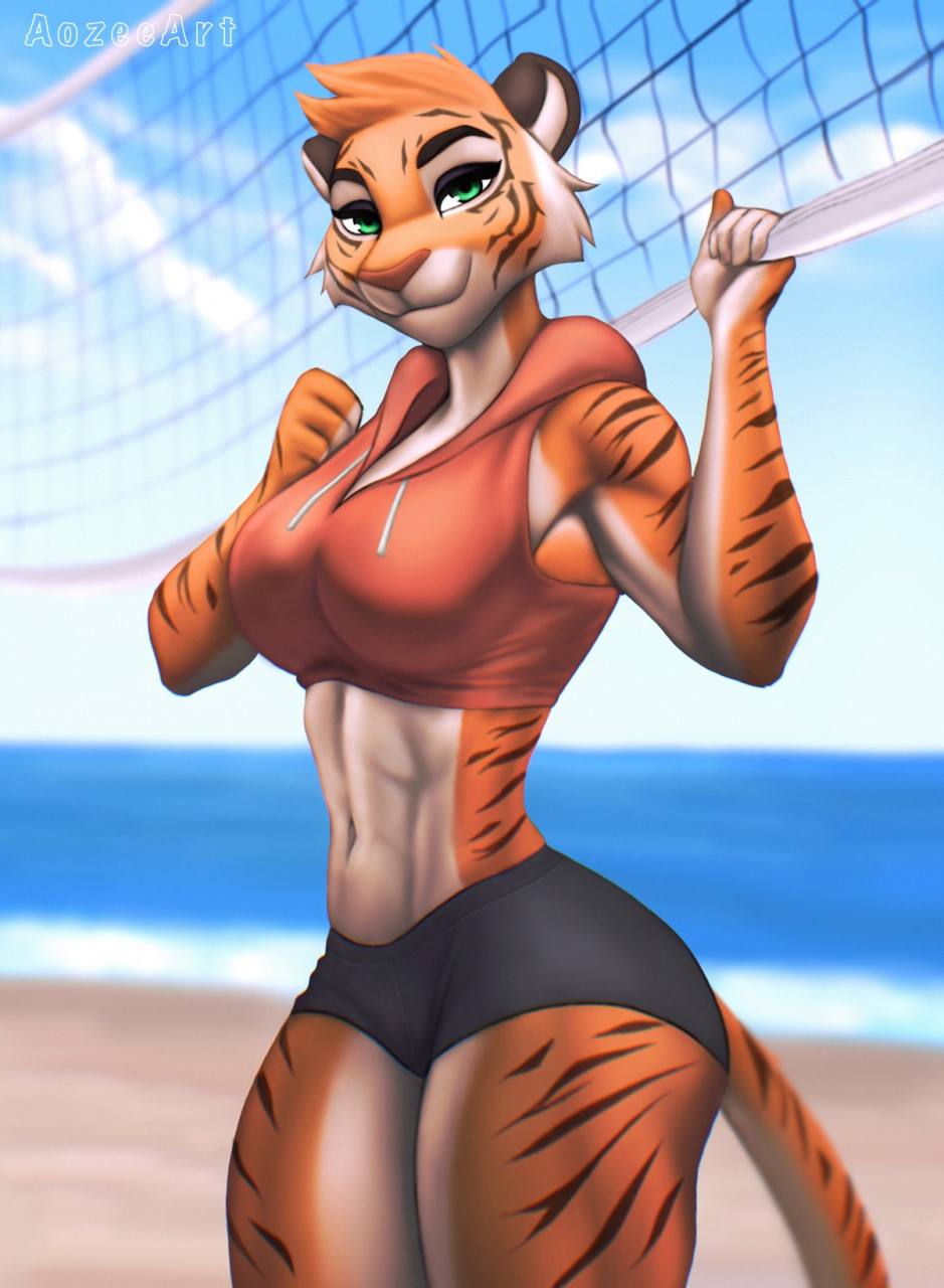 1girls 2022 abs aozee athletic athletic_female beach belly_button black_pupils black_shorts blue_sky body_markings breasts cat_humanoid curvy eyebrows eyelashes face_markings feline feline_humanoid furry furry_female furry_only green_eyes green_iris hair looking_at_viewer mammal mammal_humanoid natasha_katenka_(grizzlygus) orange_hair pinup sky sportswear standing striped_body tagme tail thighs tiger top tuft volleyball_net water white_sclera