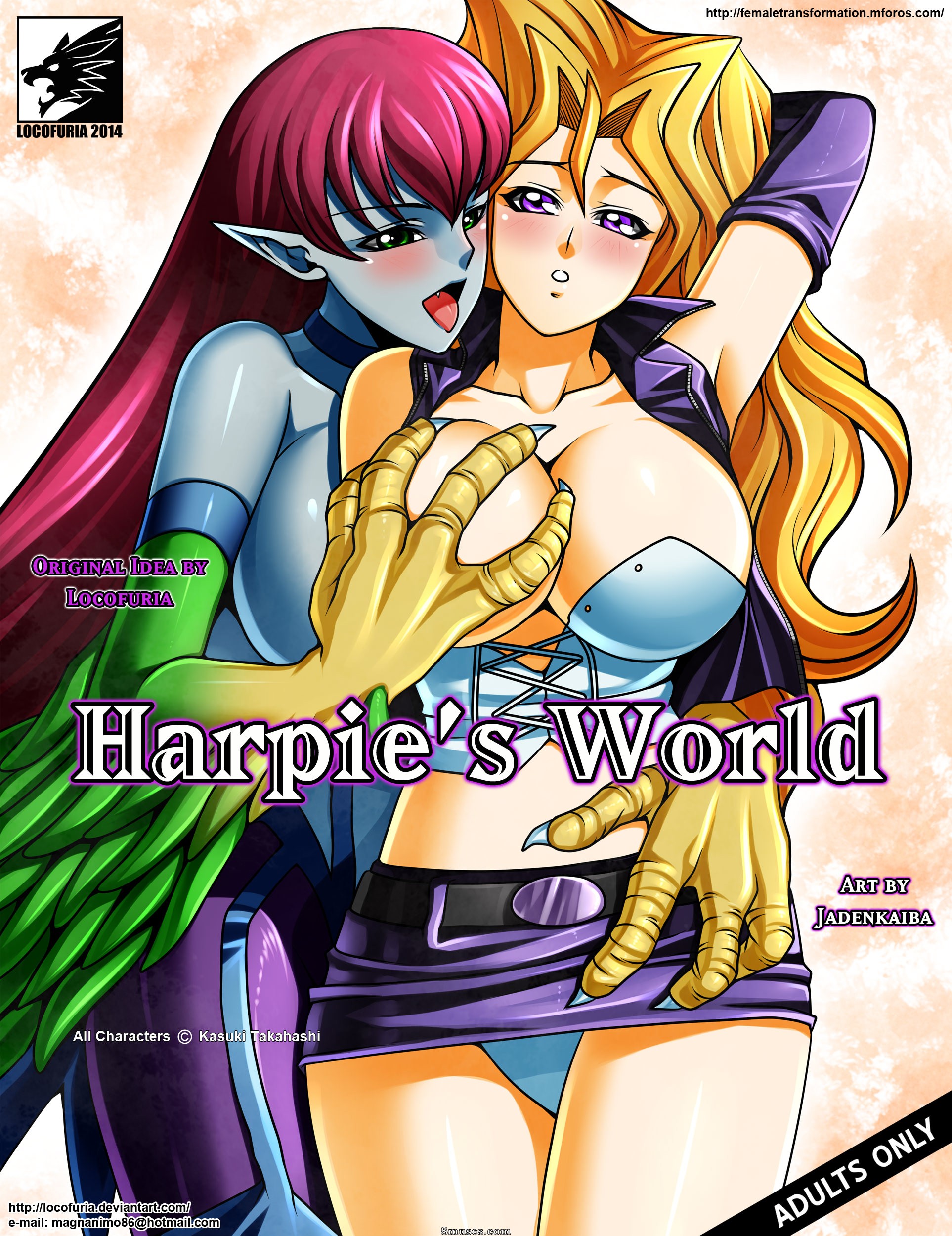 2girls, auburn hair, blonde hair, blush, breasts, clothing, comic cover, elf ears, english text, female, green eyes, groping breasts, harpie lady, harpy, jacket, jadenkaiba, long gloves, mai valentine, multiple females, multiple girls, panties, pointy ears, purple eyes, skirt lift, tongue, tongue out, yu-gi-oh!, yuri