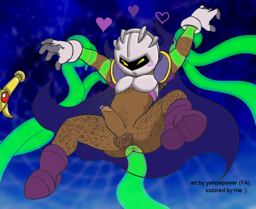 1boy armor armpit_hair body_hair boots cape color_edit cum cum_while_penetrated gay gloves heart humanized kirby_(series) knight male_only mask meta_knight penis pubic_hair solo solo_male sword tentacle_in_anus tentacle_on_male tentacle_sex third-party_edit yellowpower