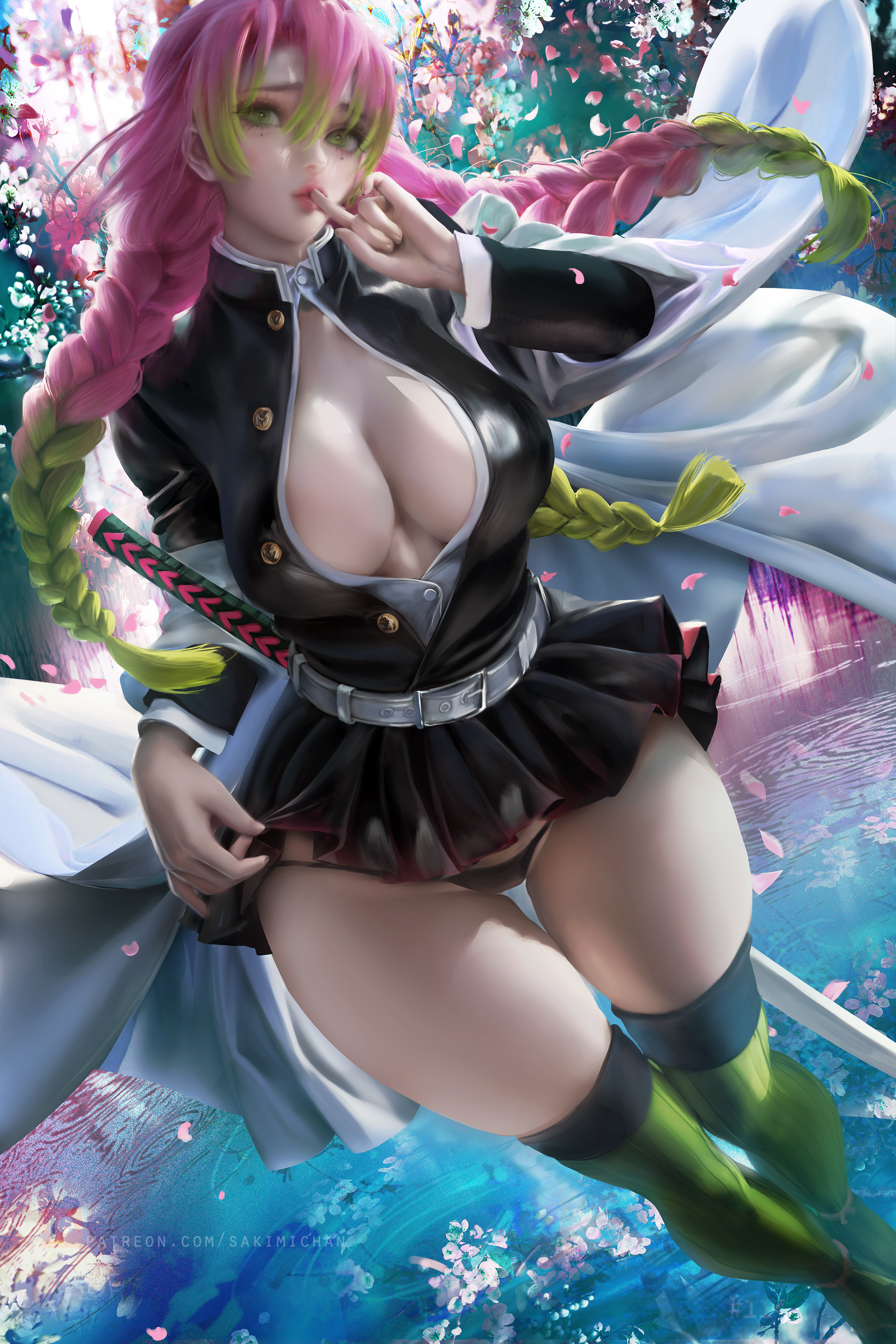 1girls, big breasts, black panties, boob window, braided hair, breasts, cleavage, demon slayer, feet out of frame, female, female only, finger to mouth, fully clothed, green eyes, haori, hi res, kanroji mitsuri, kimetsu no yaiba, long hair, looking at viewer, microskirt, miniskirt, mole under eye, no bra, open shirt, panties, pink eyes, pink hair, pink-haired female, pleated skirt, realistic, sakimichan, skimpy, skimpy clothes, solo, thick thighs, thigh gap, thighhighs, two-tone hair, uniform, wide hips, zettai ryouiki