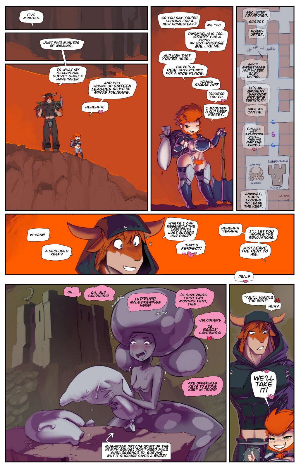 1boy 1girls comic comic_page deal dwarf english_text female freckles fred_perry furry green_eyes large_breasts large_penis male minotaur muscular muscular_female muscular_male mushroom mushroom_humanoid penis red_hair shortstack size_difference smaller_female stockings tagme