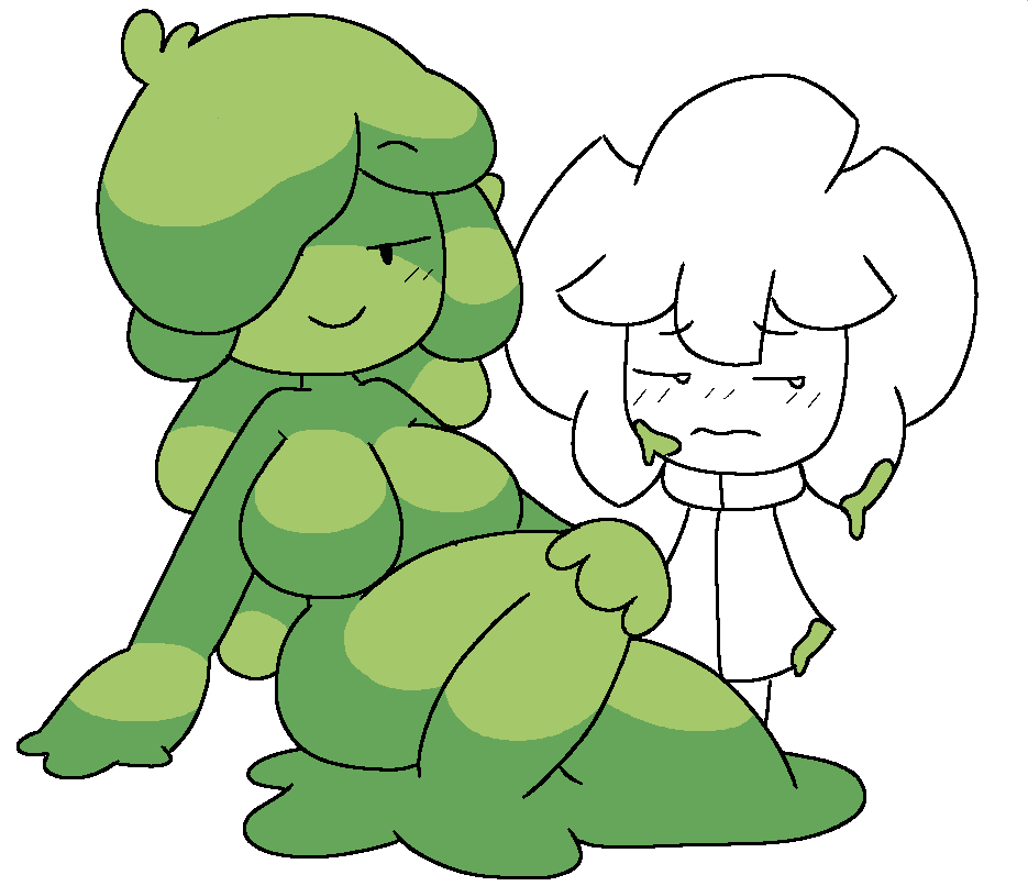 1boy 1girls brickey green_body humiliation mob_face monster_girl simple_background size_difference slime_girl slymee smaller_male sycneit_(artist) tagme white_background