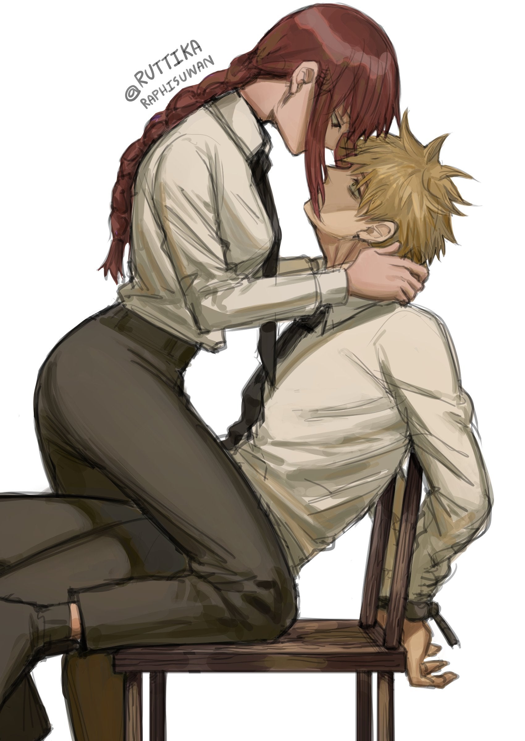 blonde hair, chainsaw man, chair, denji (chainsaw man), female, fully clothed, fully clothed female, fully clothed male, gentle femdom, hands tied behind back, makima (chainsaw man), male, red hair, ruttika, shirt, tagme, tagme (artist), tie