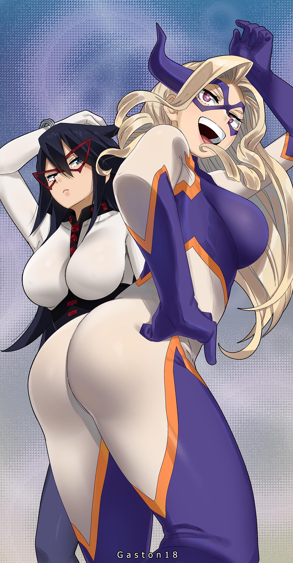 2girls, ass, ass focus, ass shot, big ass, big breasts, black hair, black-haired female, blonde hair, blonde-haired female, blue eyes, blush, breasts, brown eyes, completely nude, dark purple hair, female, gaston18, hand on hip, hero outfit (mha), holding hands, long hair, looking at viewer, midnight (my hero academia), mount lady, multiple females, multiple girls, my hero academia, nemuri kayama, nude, yuu takeyama