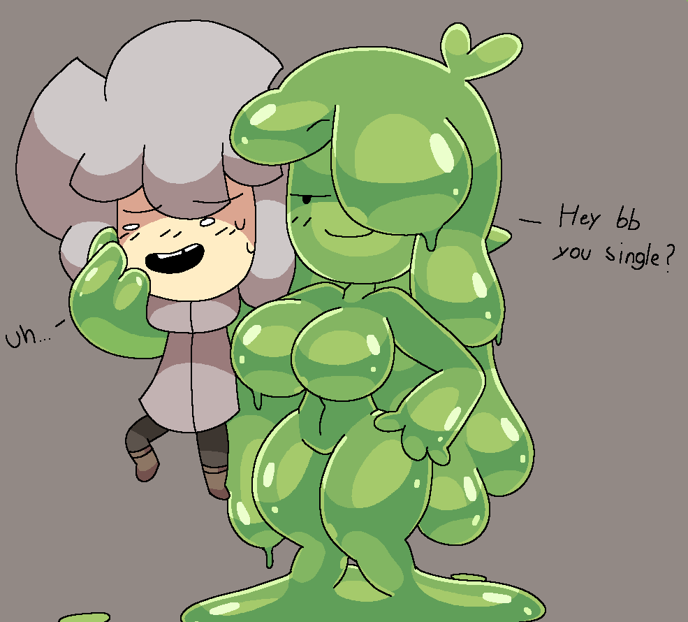 1boy 1girls brickey carrying carrying_partner grey_background mob_face monster_girl simple_background size_difference slime_girl slymee smaller_male sycneit_(artist) tagme