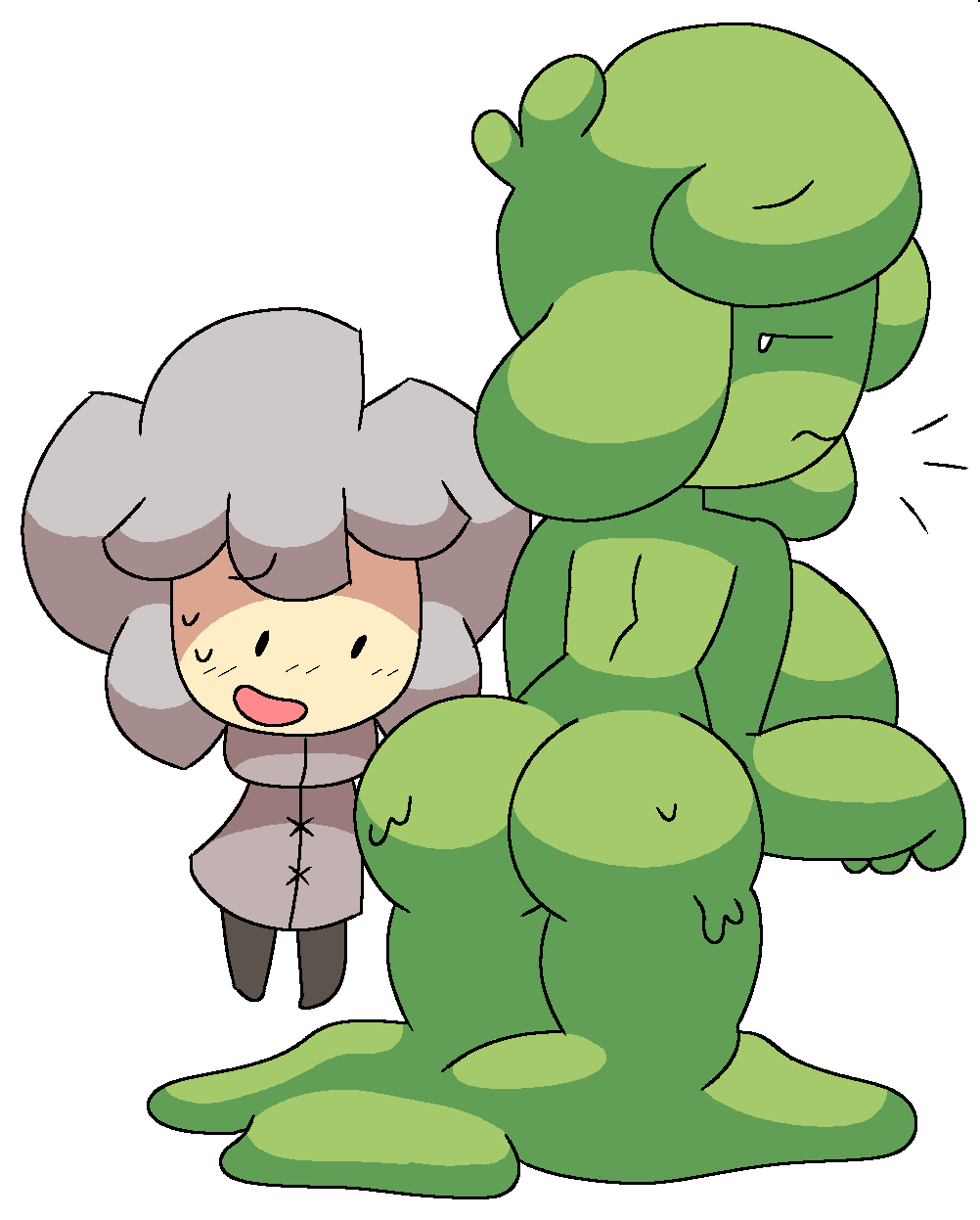 1boy 1girls ass ass_focus brickey embarrassed green_body mob_face monster_girl simple_background size_difference slime_girl slymee sycneit_(artist) white_background