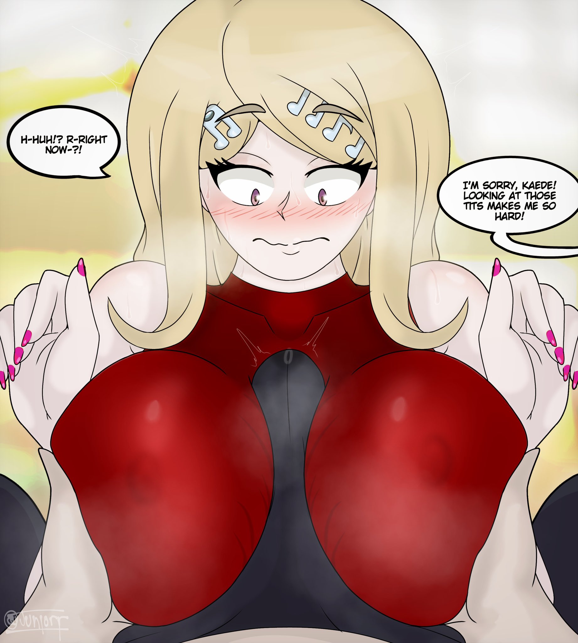 1boy, 1girls, 2022, akamatsu kaede, alternate version available, bangs, blonde hair, blush, breasts, bulge paizuri, clothed female, collarbone, danganronpa, danganronpa v3, danganronpa v3: killing harmony, dress, english text, erection, erection under clothes, eyebrows visible through hair, female, female focus, female human, hair ornament, hands up, huge breasts, human, human only, imminent sex, junior art , large breasts, long hair, looking at penis, looking down, male, male human, musical note hair ornament, nail polish, nipple bulge, nipples visible through clothing, oppai, paizuri, paizuri over clothes, paizuri through pants, penis, pink nail polish, pink nails, pov, pov crotch, precum bubble, red dress, saihara shuuichi, shiny, shiny clothes, sleeveless, sleeveless dress, steam, steamy breath, straight, straight hair, tenting, text, unseen male face, wavy mouth
