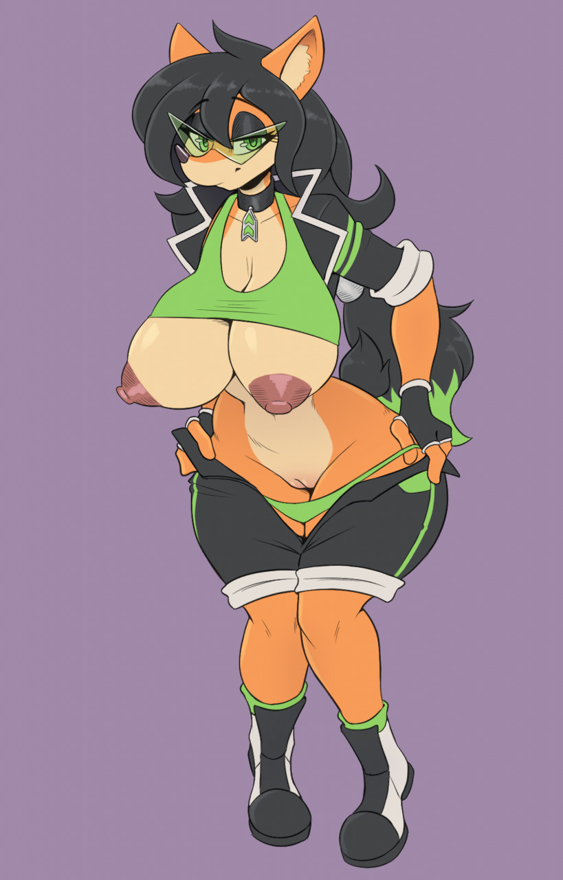 1girls, 2022, 2d, activision, anthro, areola, areolae, bandicoot, big breasts, black eyeshadow, black hair, black nose, boots, breasts, breasts out, cleavage, cleft of venus, collared shirt, cooliehigh, crash (series), digital media, ear tuft, eyebrows, eyebrows visible through hair, eyelashes, eyeshadow, fan character, female, female only, fur, furry, furry only, green eyes, green hair, green panties, hair, half-closed eyes, jeska bandicoot, large breasts, long hair, looking at viewer, multicolored body, multicolored hair, neckwear, nipples, orange body, panties, partially clothed, pulling pants down, purple background, pussy, removing clothing, solo, standing, tagme, tail, tan body, thick thighs, tuft, undressing, white sclera