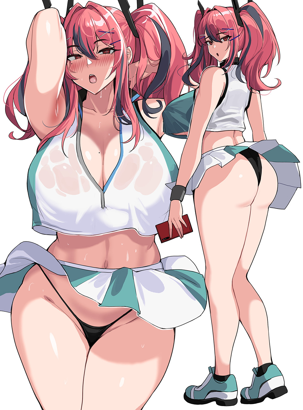 1girls, 2022, ankle socks, anklehighs, ass, azur lane, black socks, breasts, bremerton (azur lane), bremerton (scorching-hot training) (azur lane), drogod (artist), female, female only, hips, huge ass, huge breasts, long hair, pink eyes, pink hair, simple background, slim waist, socks, sportswear, tennis uniform, thick thighs, thighs, thong, twintails, wide hips