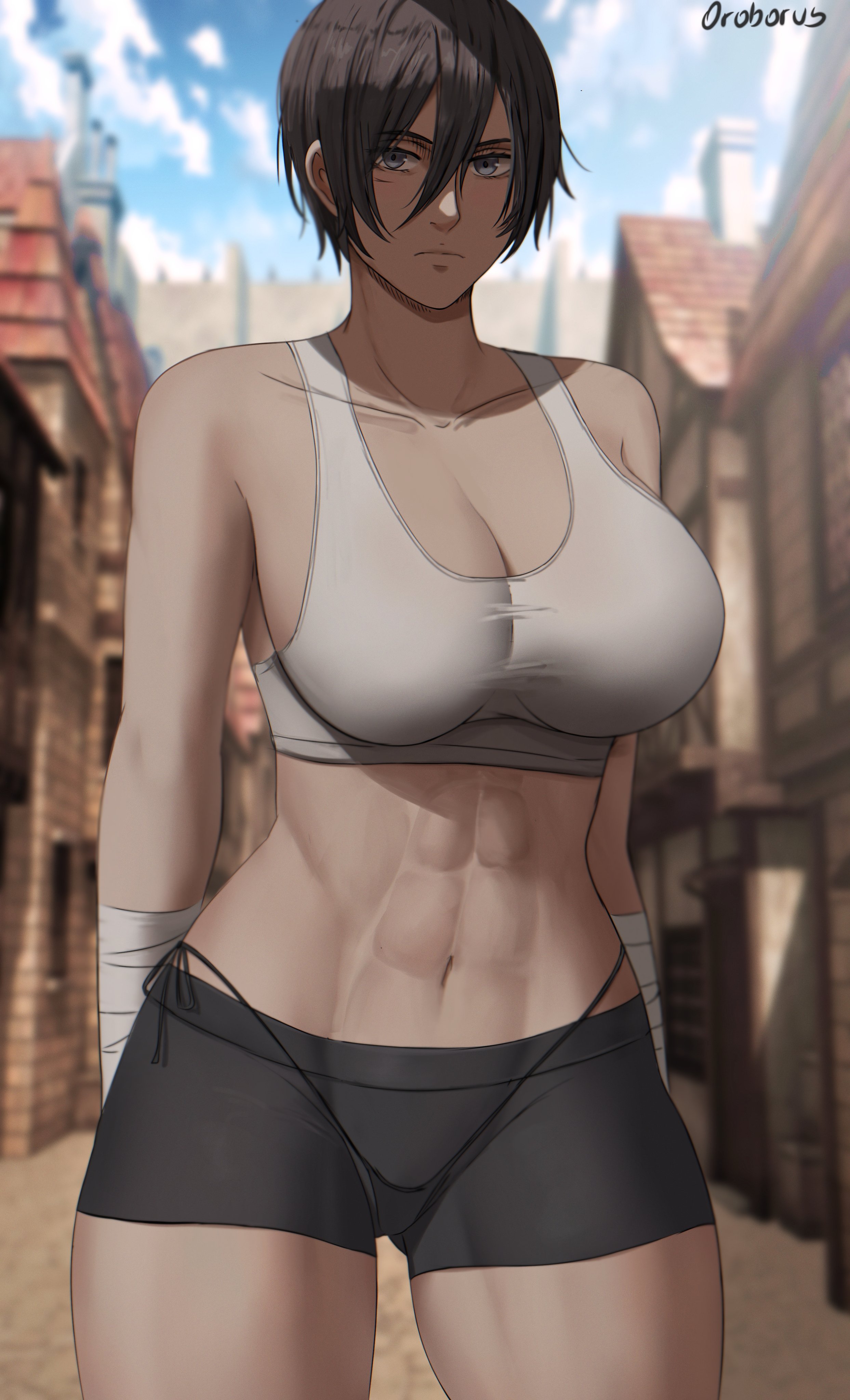 1girls, abs, attack on titan, belly button, big breasts, black hair, breasts, female, female only, g-string, large breasts, looking at viewer, midriff, mikasa ackerman, navel, oroborusart, panties visible through clothing, savagexthicc, shingeki no kyojin, short hair, side-tie panties, solo, solo female, sports bra, sportswear, tank top, thick, thick thighs, thighs, thong, voluptuous