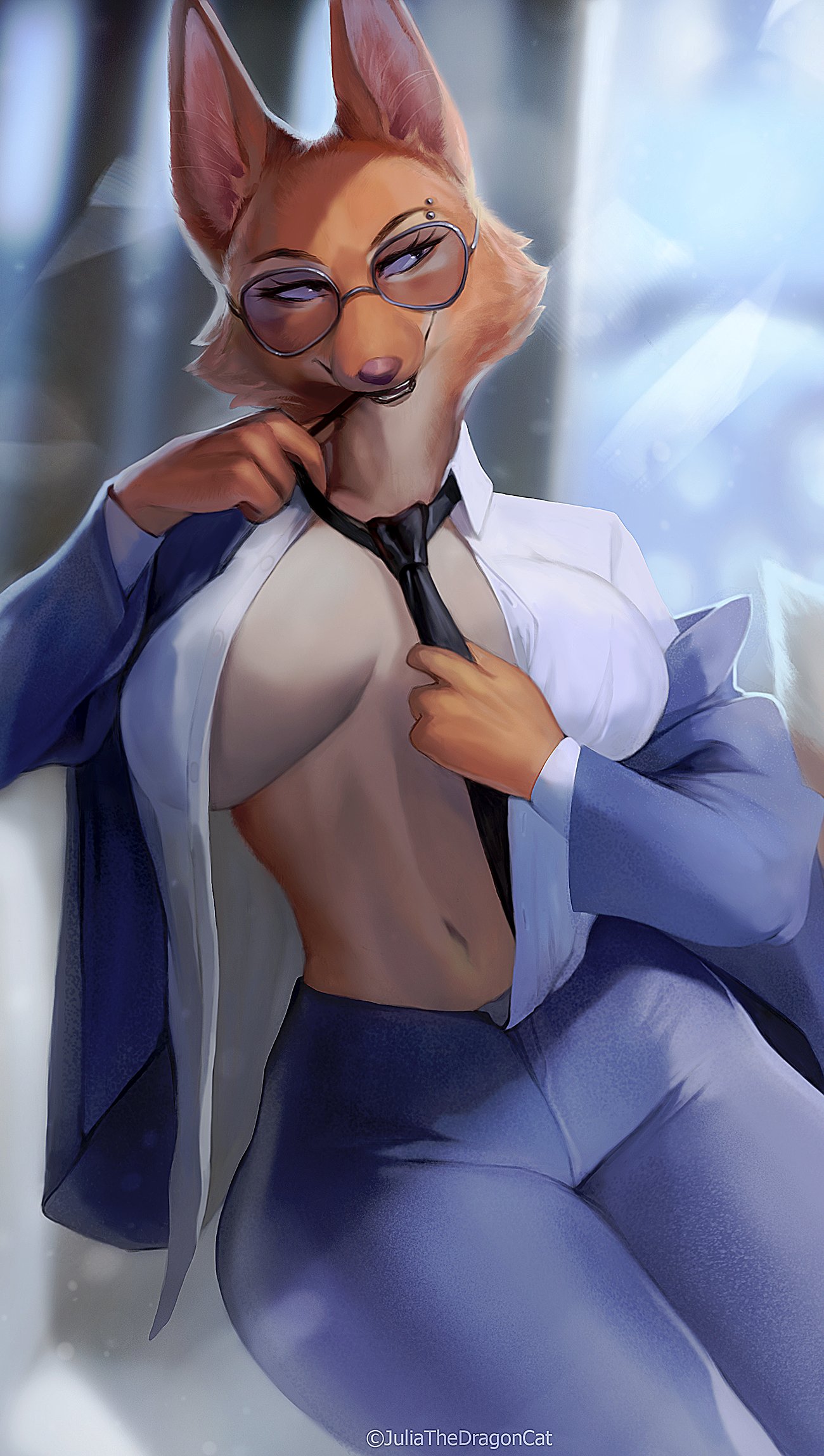 2022, anthro, big breasts, breasts, canid, canine, clothed, clothing, diane foxington, dreamworks, eyewear, facial piercing, female, fox, fur, glasses, hi res, juliathedragoncat, mammal, office lady, piercing, red body, red fur, solo, the bad guys