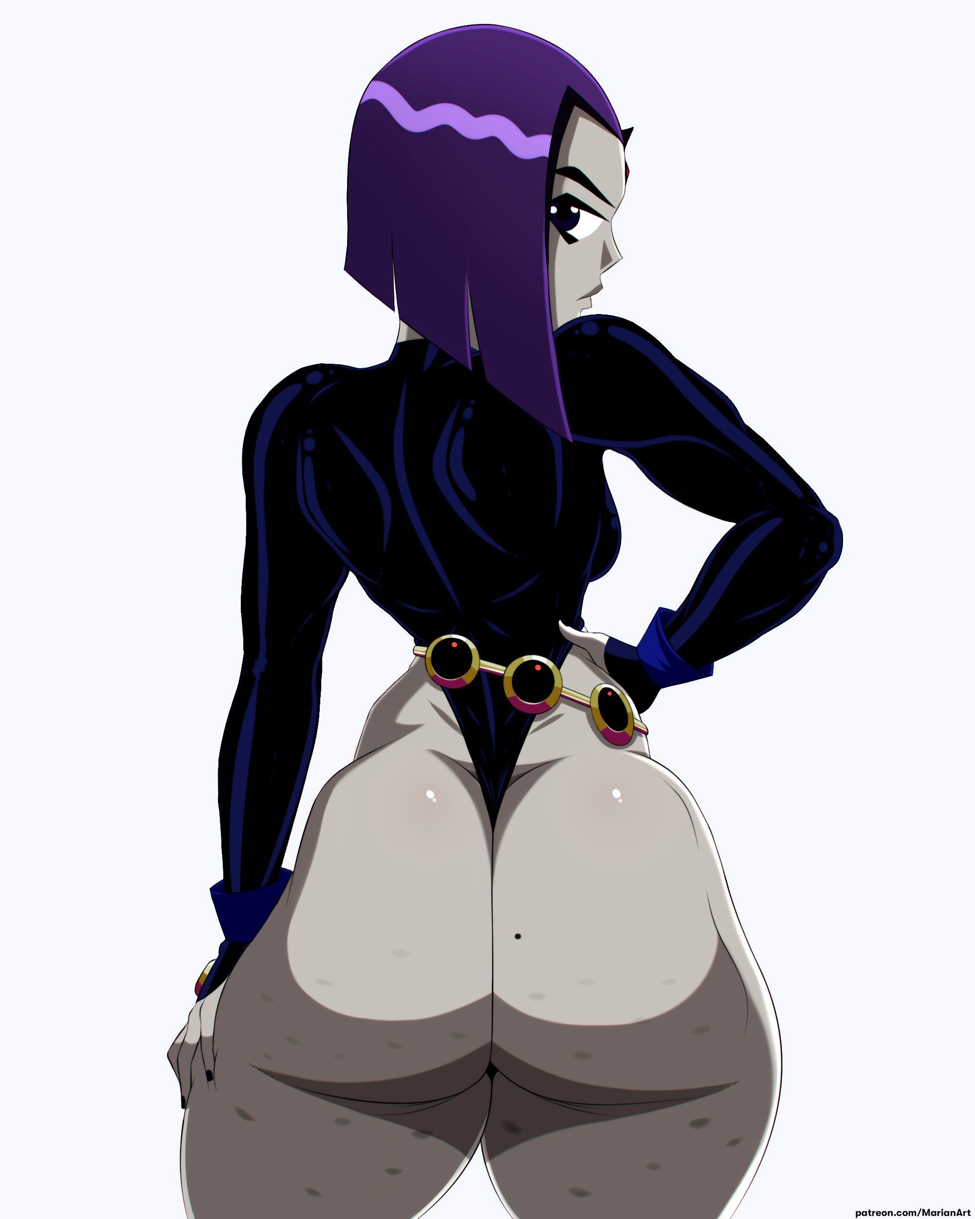 1girls, ass, ass focus, back view, big ass, big butt, bottom heavy, breasts, bubble ass, bubble butt, butt focus, cambion, cellulite, clothed female, comic book character, dc, dc comics, demon, demon girl, eye contact, fat ass, fat butt, female, female ass, female ass focus, female butt, female focus, female only, grey skin, hand on head, hand on hip, hybrid, large ass, large butt, leotard, looking at viewer, looking back, porongoneitor, purple eyes, purple hair, rachel roth, raven (dc), smooth skin, solo, solo female, solo focus, standing, superheroine, teen titans, thick ass, thick thighs, white background, wide hips