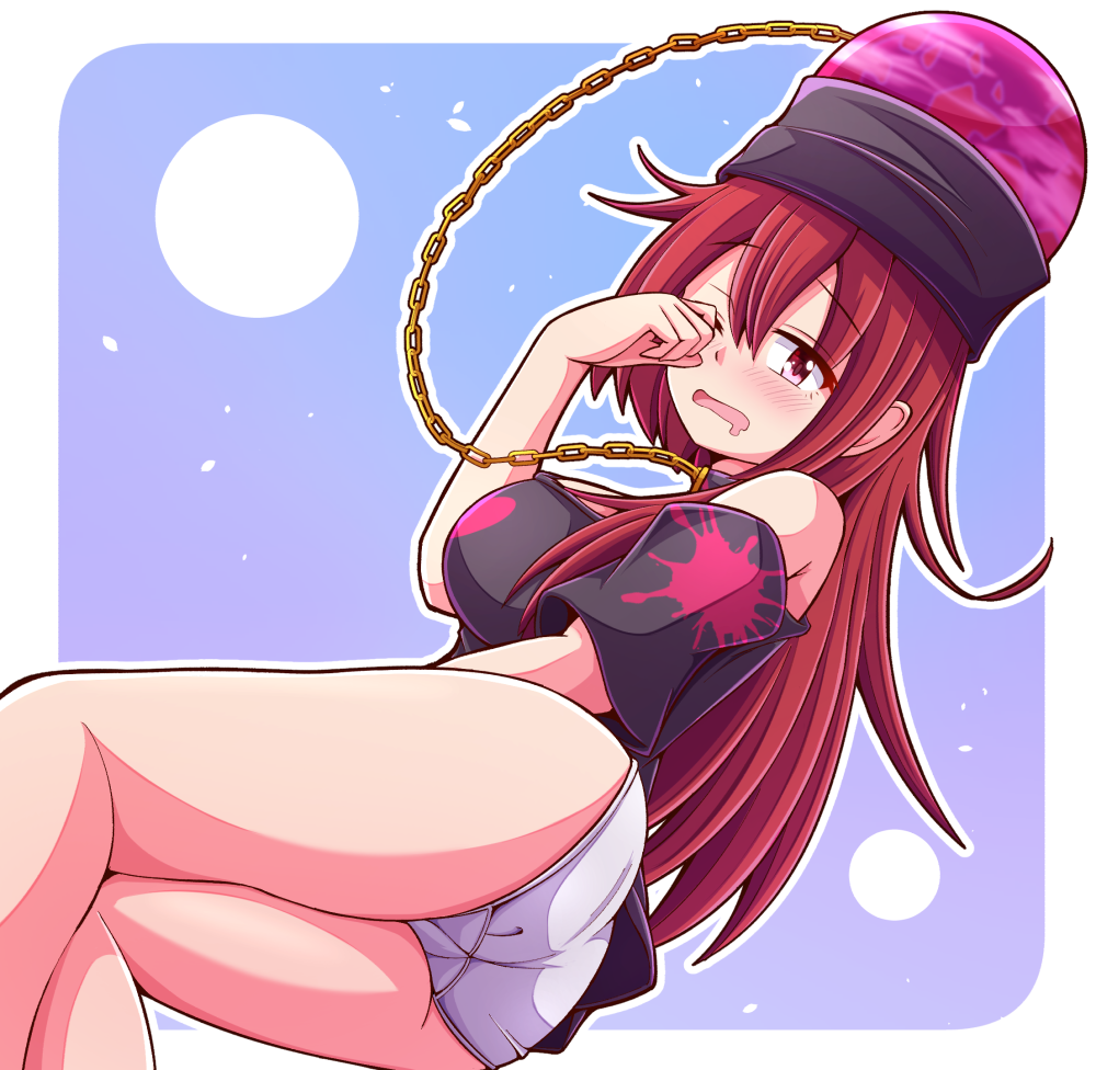 aospanking ass blush collar hecatia_lapislazuli long_hair looking_at_viewer no_pants one_eye_closed panties red_eyes red_hair thighs touhou white_panties