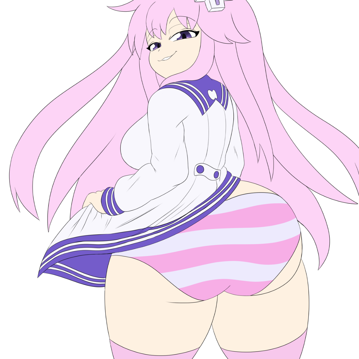 1girls, ass, ass focus, big ass, black eyelashes, breasts, d-pad, d-pad hair ornament, eyebrows through hair, female, female focus, female only, long hair, mechspazer, medium breasts, nepgear, neptunia (series), no shading, panties, pink hair, purple eyes, purple stripes, sailor uniform, shimapan, simple background, smug, smug face, solo, stockings, striped legwear, striped panties, underwear, white background, white dress
