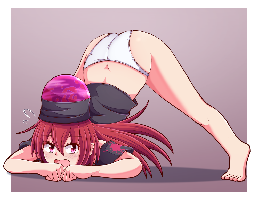 aospanking ass ass_cleavage ass_up barefoot blush butt_crack embarrassed hecatia_lapislazuli jack-o_pose looking_at_viewer no_pants panties red_eyes red_hair tagme top-down_bottom-up touhou white_panties