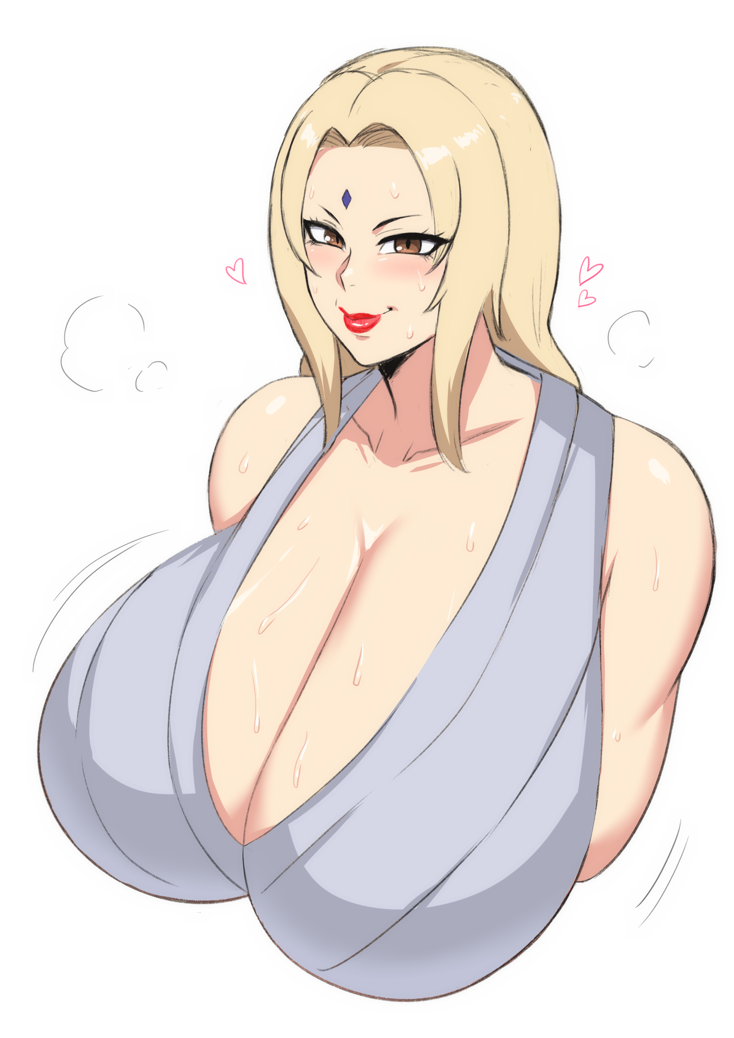 1girls, bare shoulders, big breasts, blonde hair, blush, breasts, brown eyes, busty, cleavage, clothing, curvy body, female, female focus, female only, forehead jewel, forehead mark, highres, huge breasts, large breasts, light skin, light-skinned female, lips, lipstick, makeup, mature, mature female, milf, narrowed eyes, naruto, naruto (classic), naruto (series), naruto shippuden, pale skin, pale-skinned female, red lips, red lipstick, seductive, seductive look, seductive smile, shounen jump, sleeveless, sleeveless shirt, smile, smirk, solo, solo female, solo focus, sweat, sweatdrop, tsunade, voluptuous, zxcv