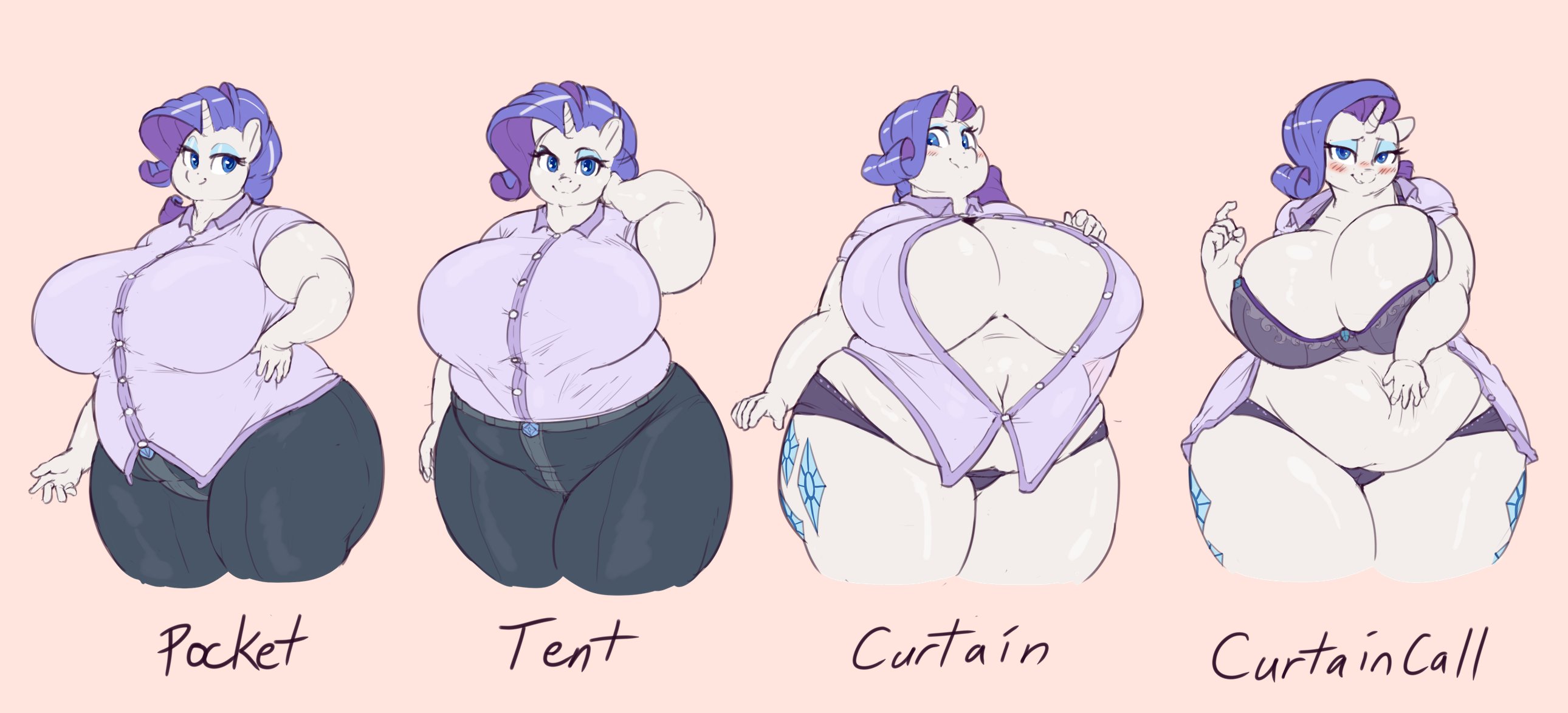 anthrofied, bbw, big belly, big breasts, blue eyes, blush, breasts, button down shirt, chubby, cleavage, curtain call challenge, fat, female, friendship is magic, large breasts, my little pony, overweight, overweight female, rarity (mlp), sirmasterdufel, straight hair, tight clothing, underwear, wide hips