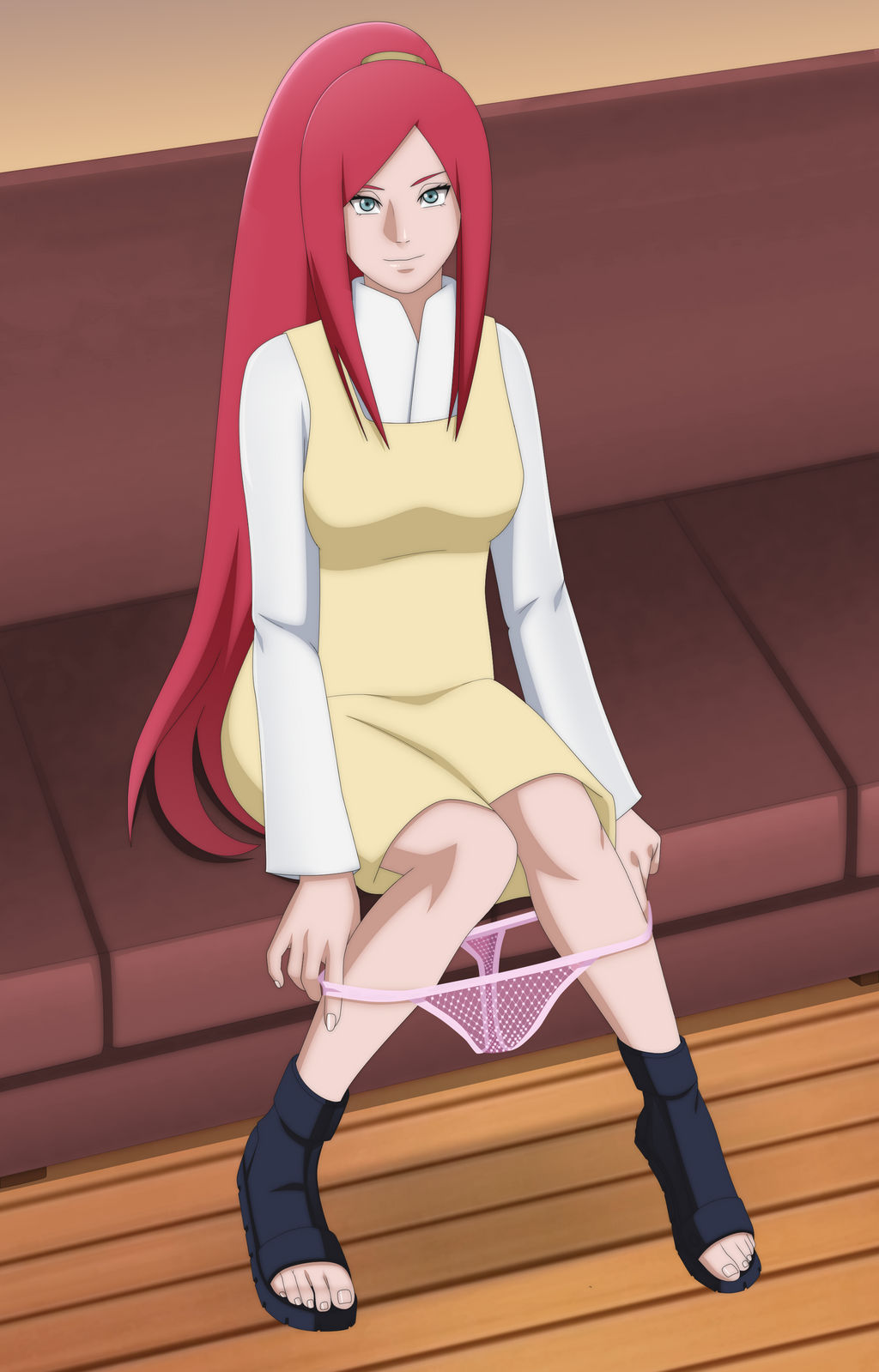 1girls, clothed, clothing, couch, darkalx, dress, female, female focus, female only, footwear, fully clothed, legs, long hair, looking at viewer, mature, mature female, milf, naruto, naruto (series), naruto shippuden, oc, open toe shoes, original character, panties down, panty pull, petite, pink panties, pink thong, ponytail, red hair, see-through, see-through panties, shounen jump, sitting, smile, sofa, solo, solo female, solo focus, thong, tied hair, toes, undressing, very long hair