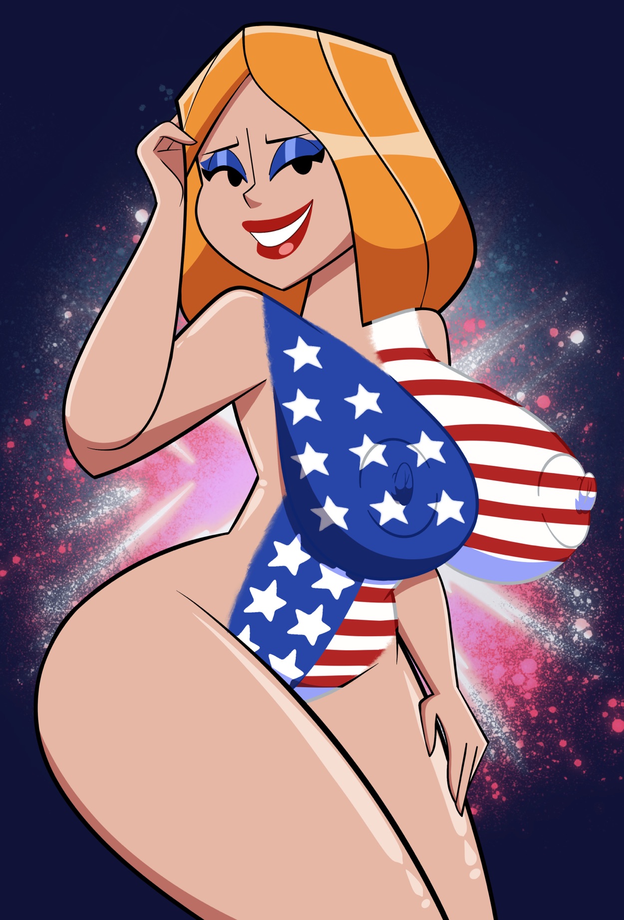 1girls, american flag bikini, anus, ass, ass clapping, big ass, bikini, blonde female, bra, breasts, clapping cheeks, cleavage, codykins123, commission, female, female only, grin, half-closed eyes, hand on own thigh, hand on thigh, human, human only, light skin, light-skinned female, lipstick, looking at viewer, lying, madeline (johnny bravo), midriff, navel, orange hair, painted clothes, panties, pussy, slim2k6, smile, solo, solo female, solo focus, spread legs, standing, thick, thick legs, thick thighs, thighs, twerking